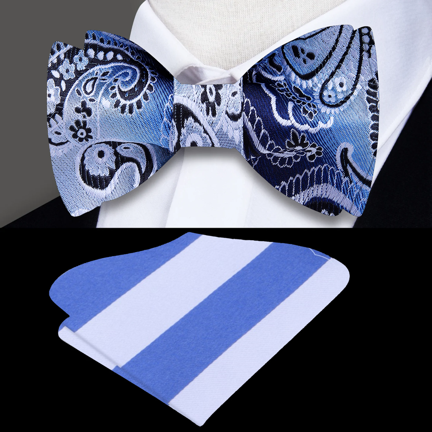 A Grey, Light Blue, Black Paisley Pattern Silk Self Tie Bow Tie, Accenting Stripe Pocket Square