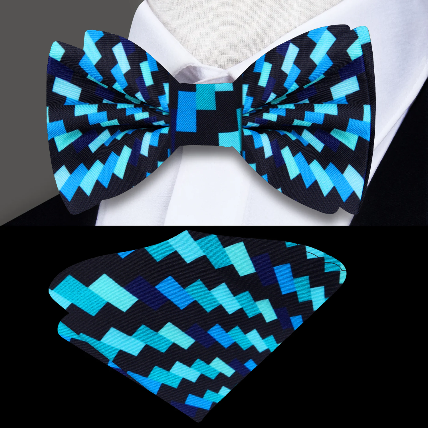 Light Blue, Black Geometric Swirl Bow Tie and Pocket Square||Light Blue, Black