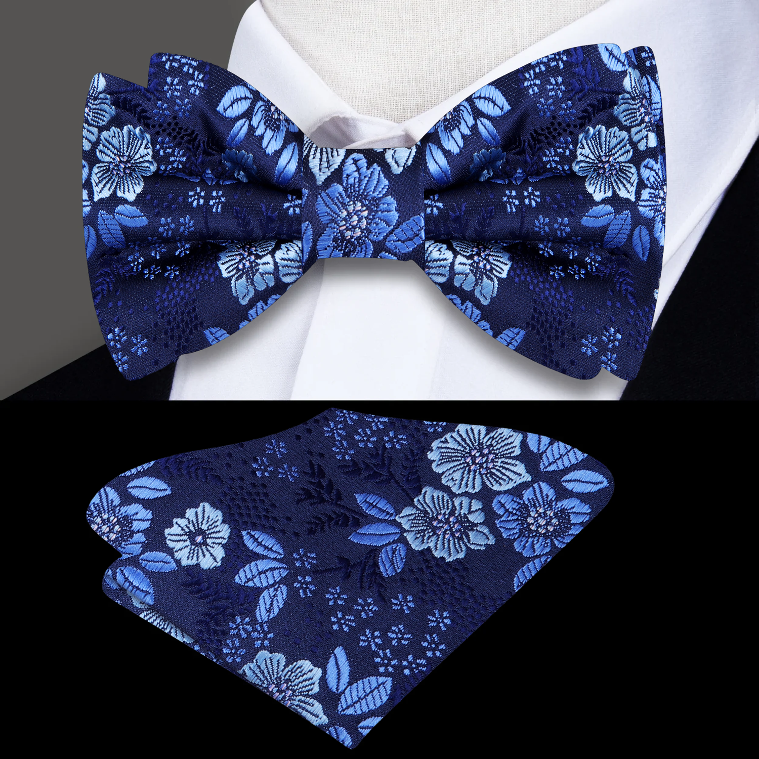 Blue, Light Blue Floral Bow Tie and Pocket Square||Blue