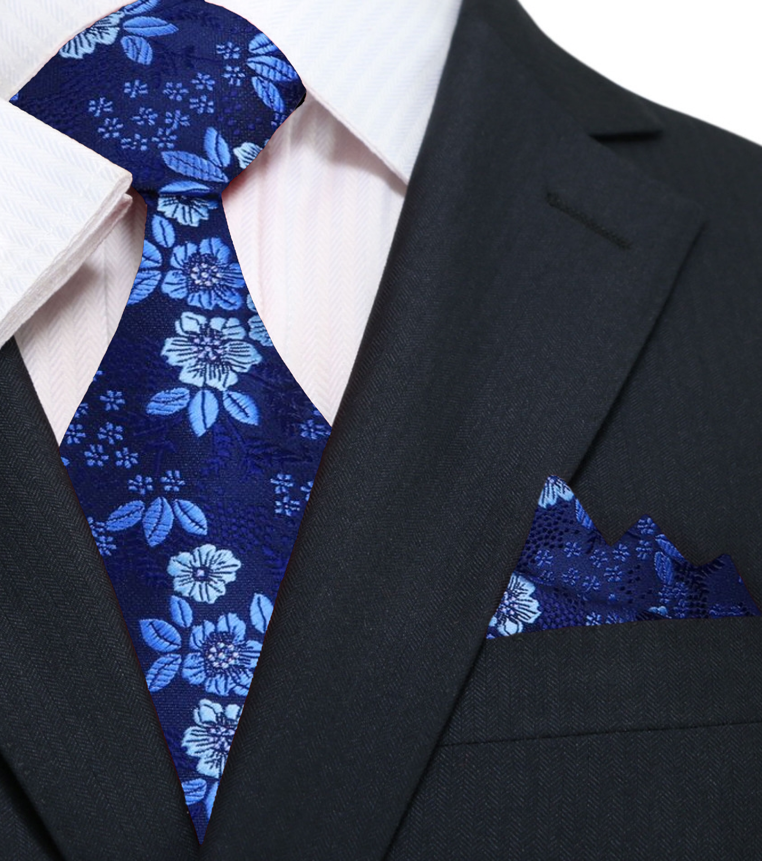 Main View: Shades of Blue Floral Tie and Pocket Square||Blue