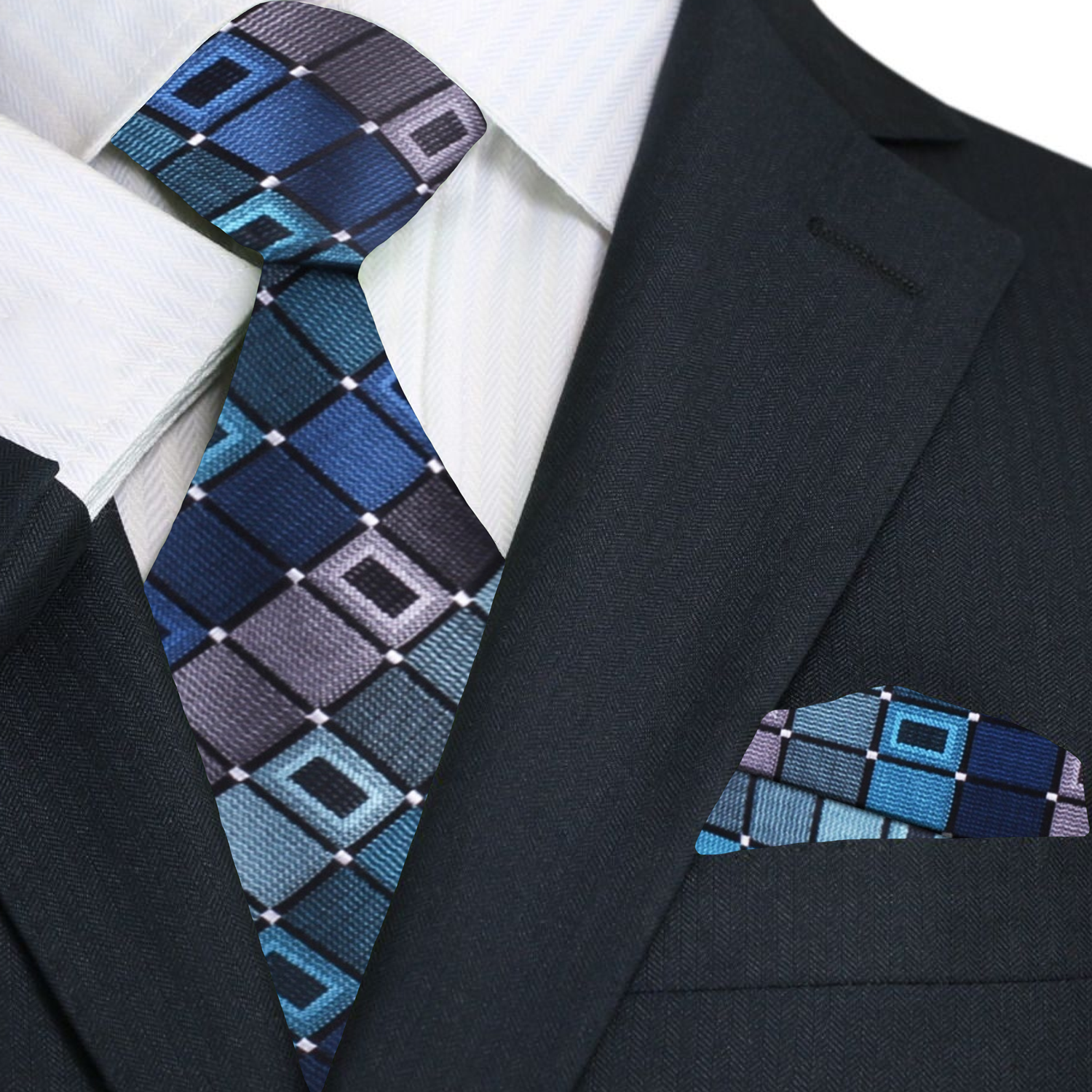 Premium A Teal, Grey Geometric Pattern Silk Necktie, Matching Pocket Square