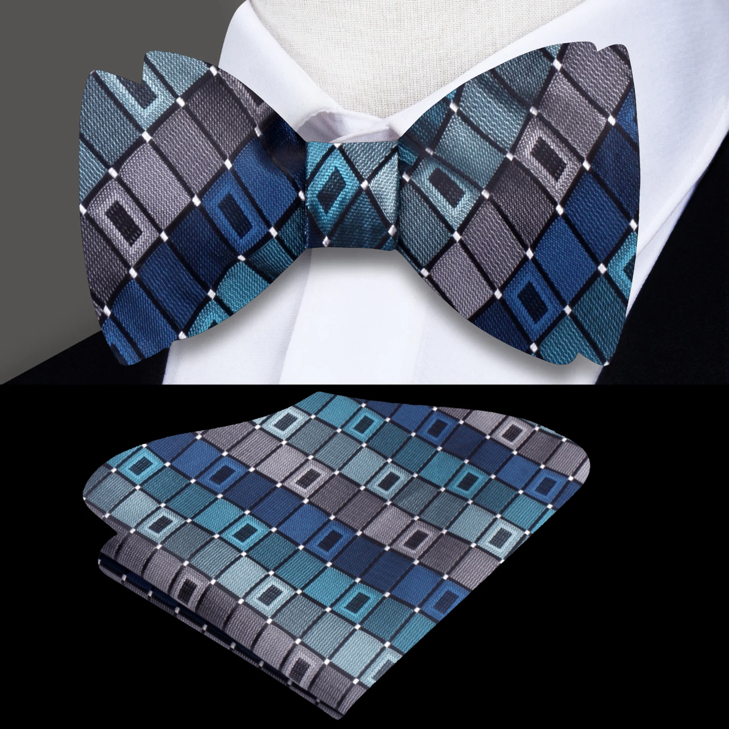 Teal, Grey Geometric Bow Tie and Pocket Square
