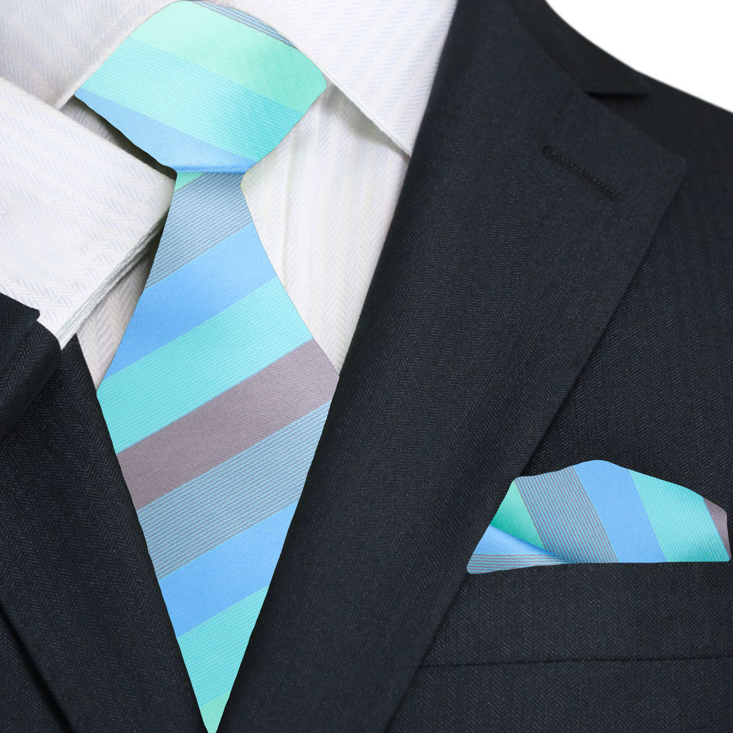 Main Shades of Blue and Green Stripe Tie and Square||Blue, Green