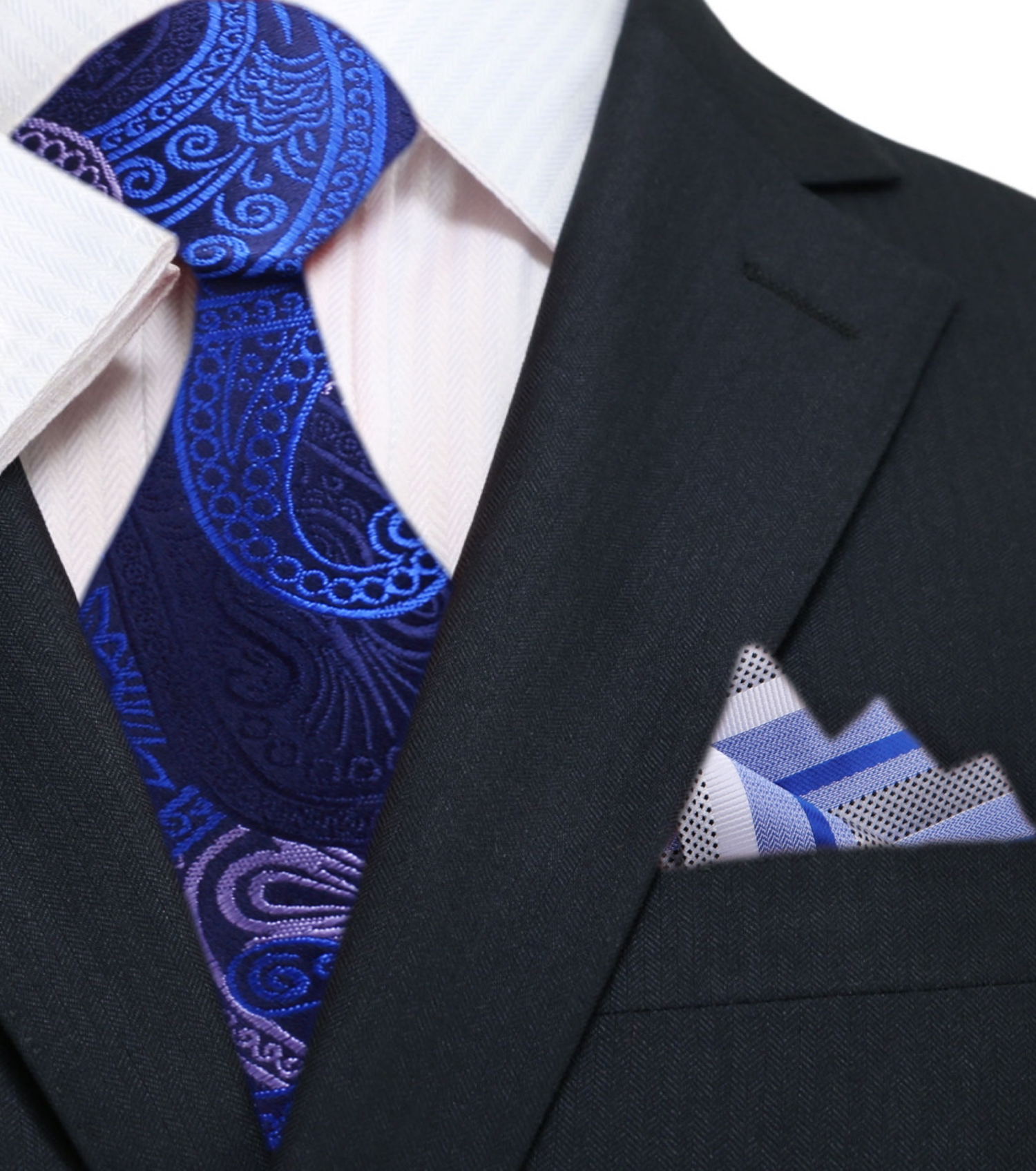 Main: Shades of Blue and White Paisley Necktie and White, Blue Stripe Square