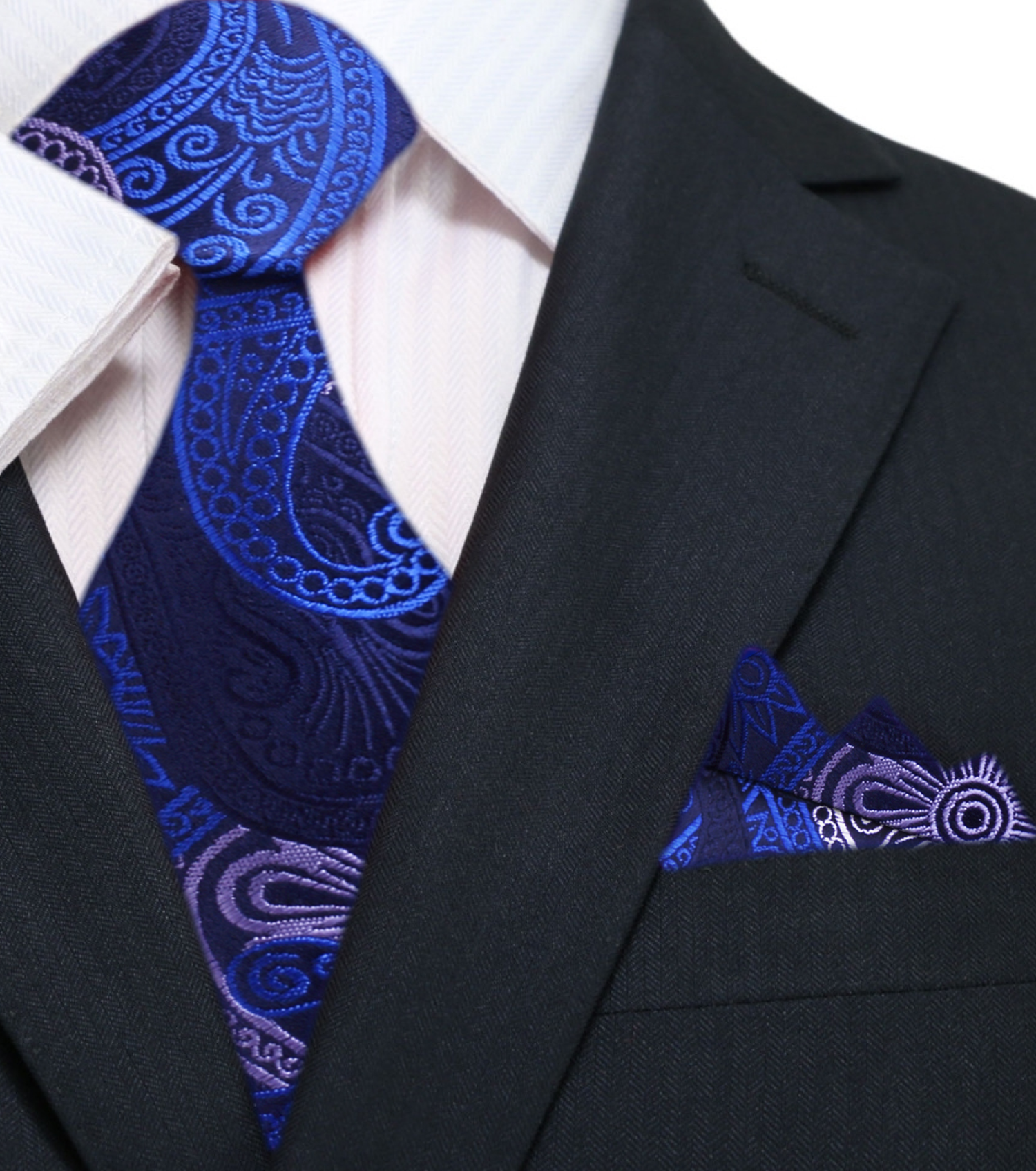 Main: Shades of Blue and White Paisley Necktie and Matching Square