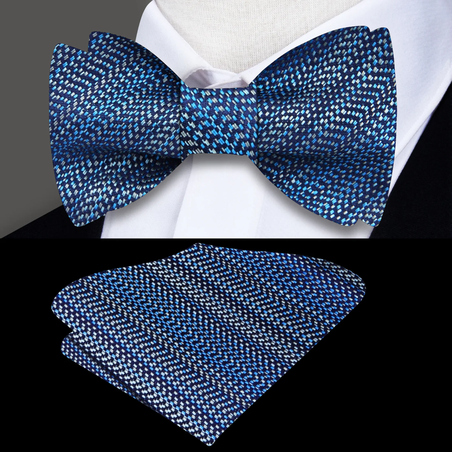 A Blueish Solid Gradient Pattern Silk Self Tie Bow Tie, Matching Pocket Square