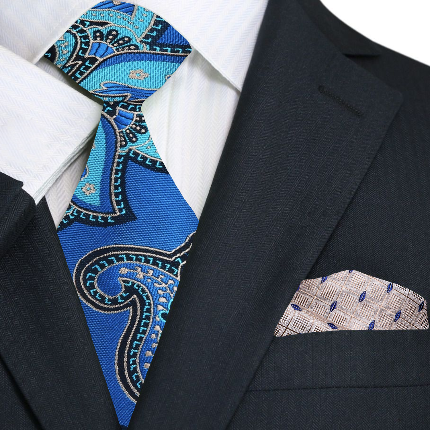 Shades of Blue Paisley Tie and Accenting Cream Blue Geometric Square