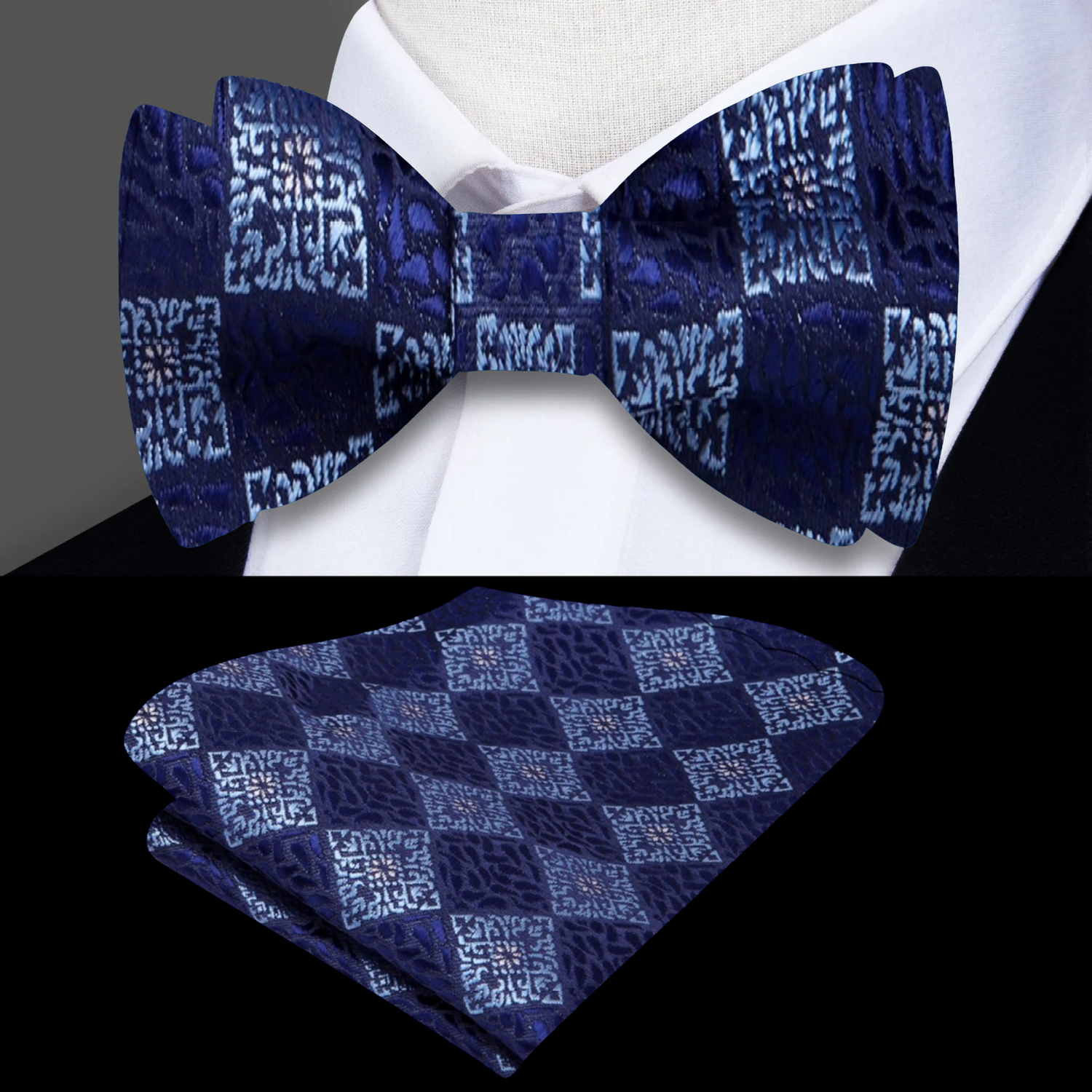 Main: Blue Geometric Bow Tie and Pocket Square