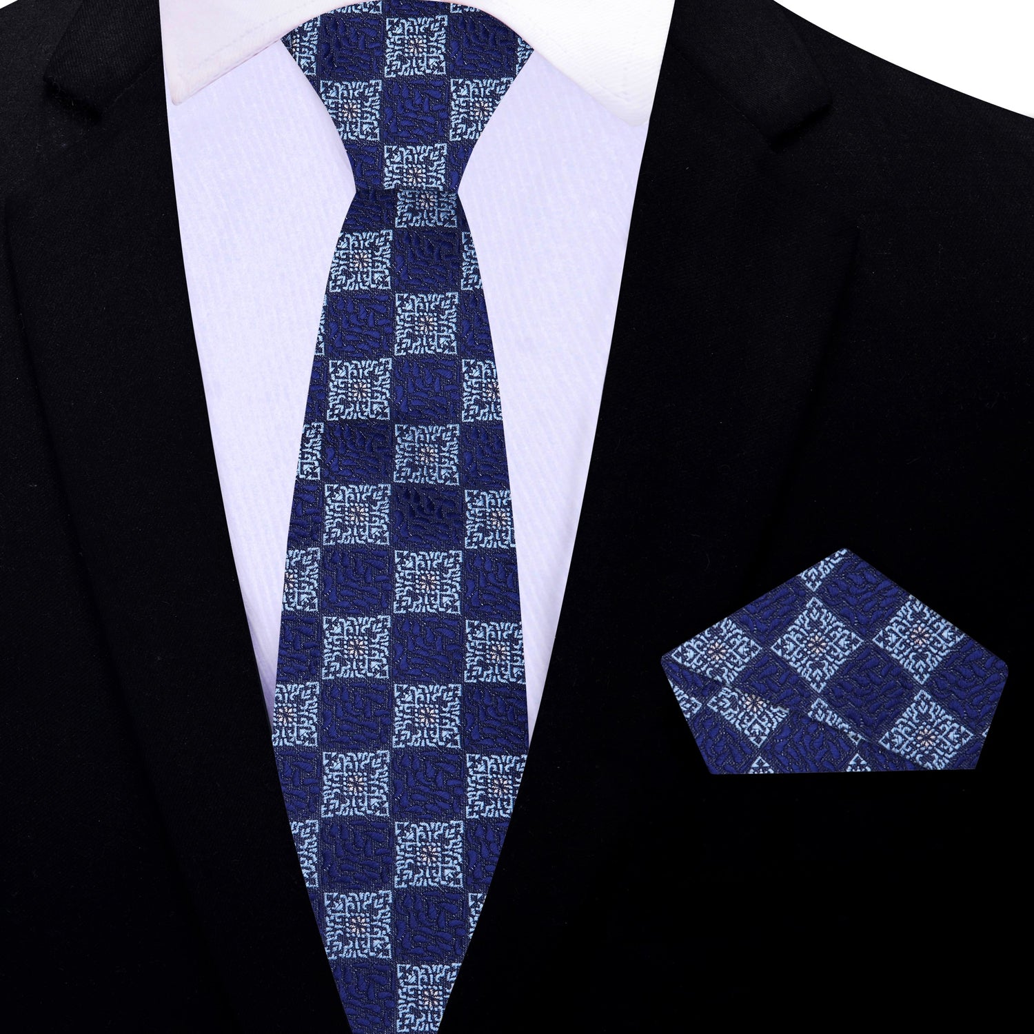 Thin Tie: Shades of Blue Geometric Necktie and Square