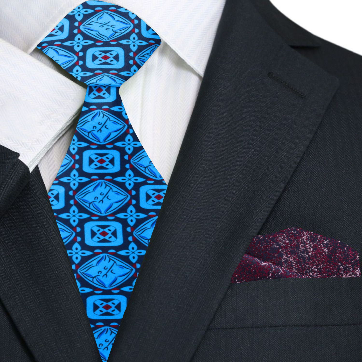 Blue Emeralds Necktie and Accenting Burgundy Square