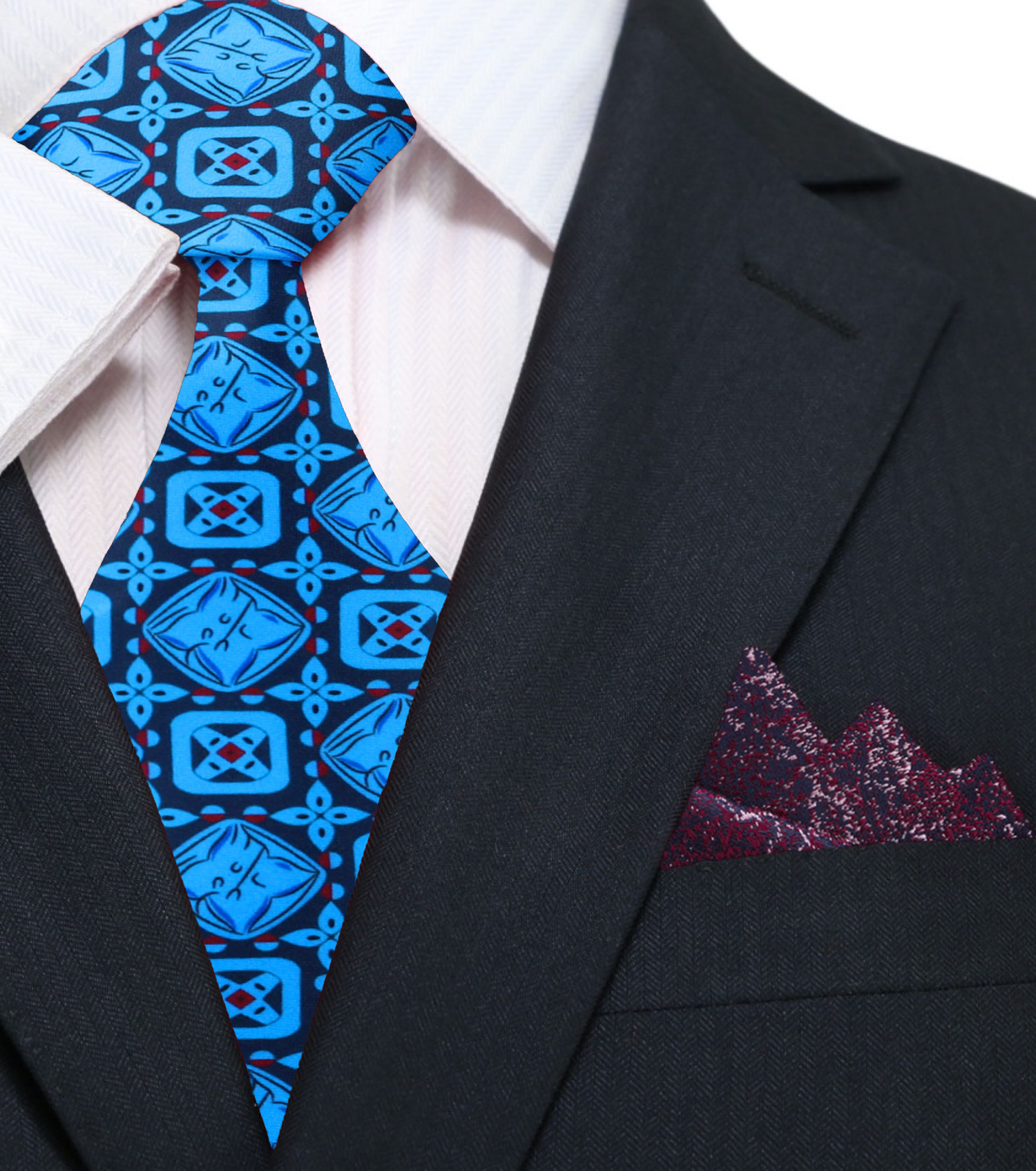 Blue Emeralds Necktie and Accenting Burgundy Square