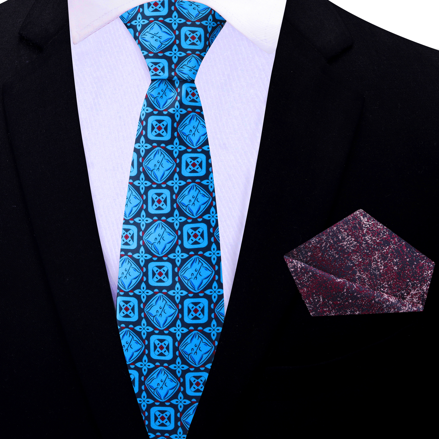 Thin: Blue Emeralds Necktie and Accenting Burgundy Square