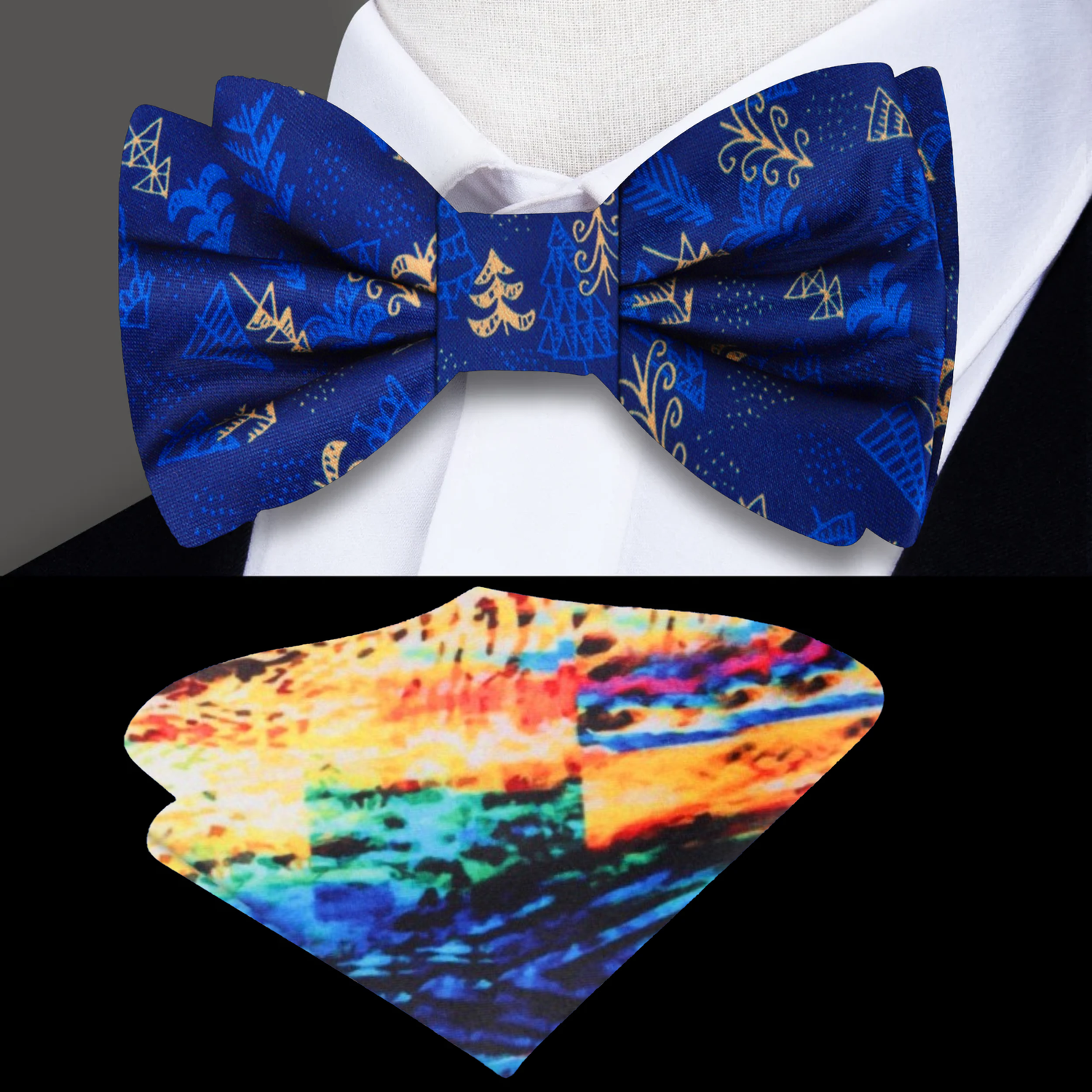 Shades of Blue and Gold Christmas Forest Bow Tie and Accenting Square