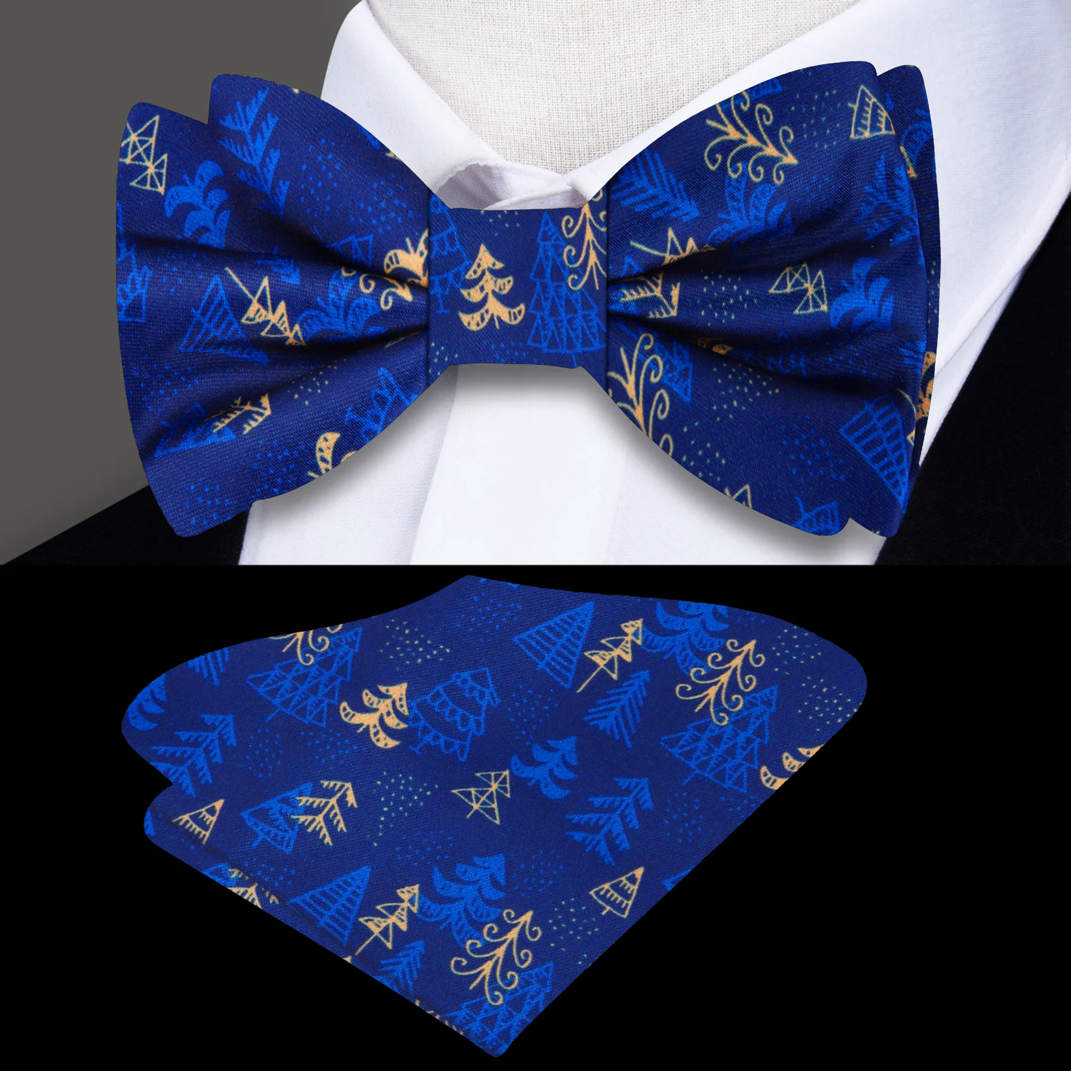Shades of Blue and Gold Christmas Forest Bow Tie and Square