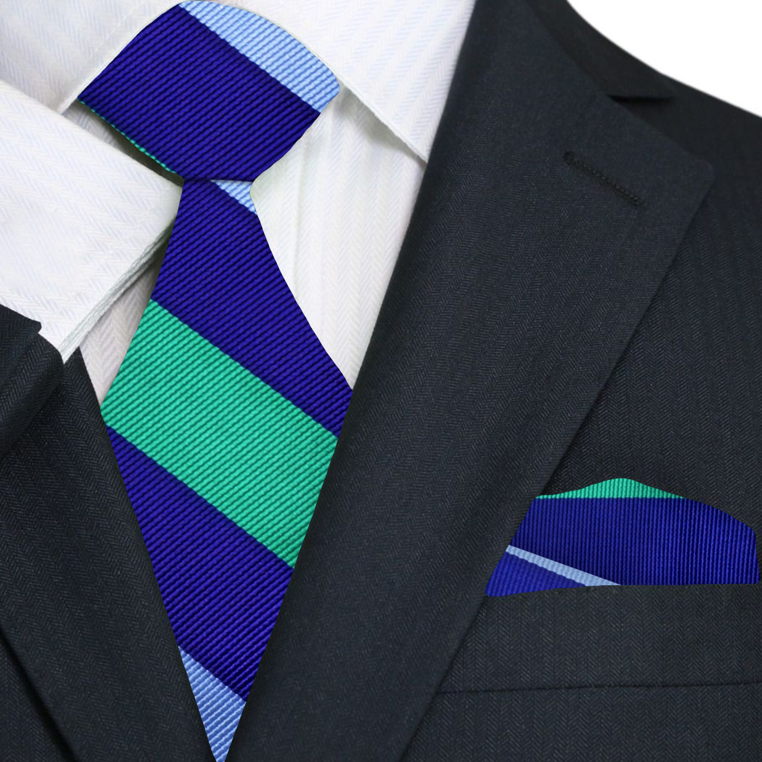 A Blue, Light Blue, Green Stripe Pattern Necktie, Matching Pocket Square