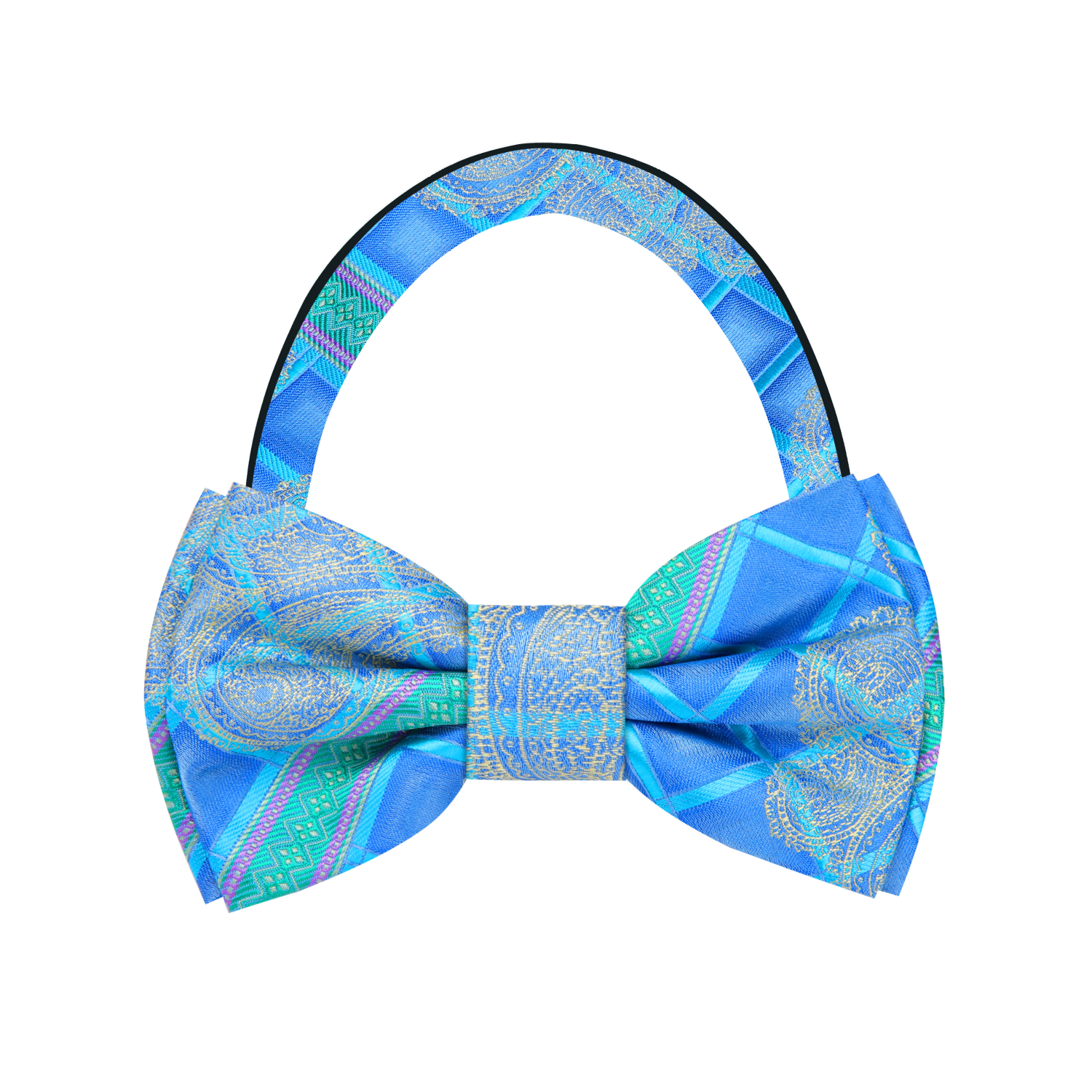 A Bold Olympic Blue, Aqua, Green Slate, Light Gold Abstract and Paisley Pattern Self Tie Bow Tie Pre Tied