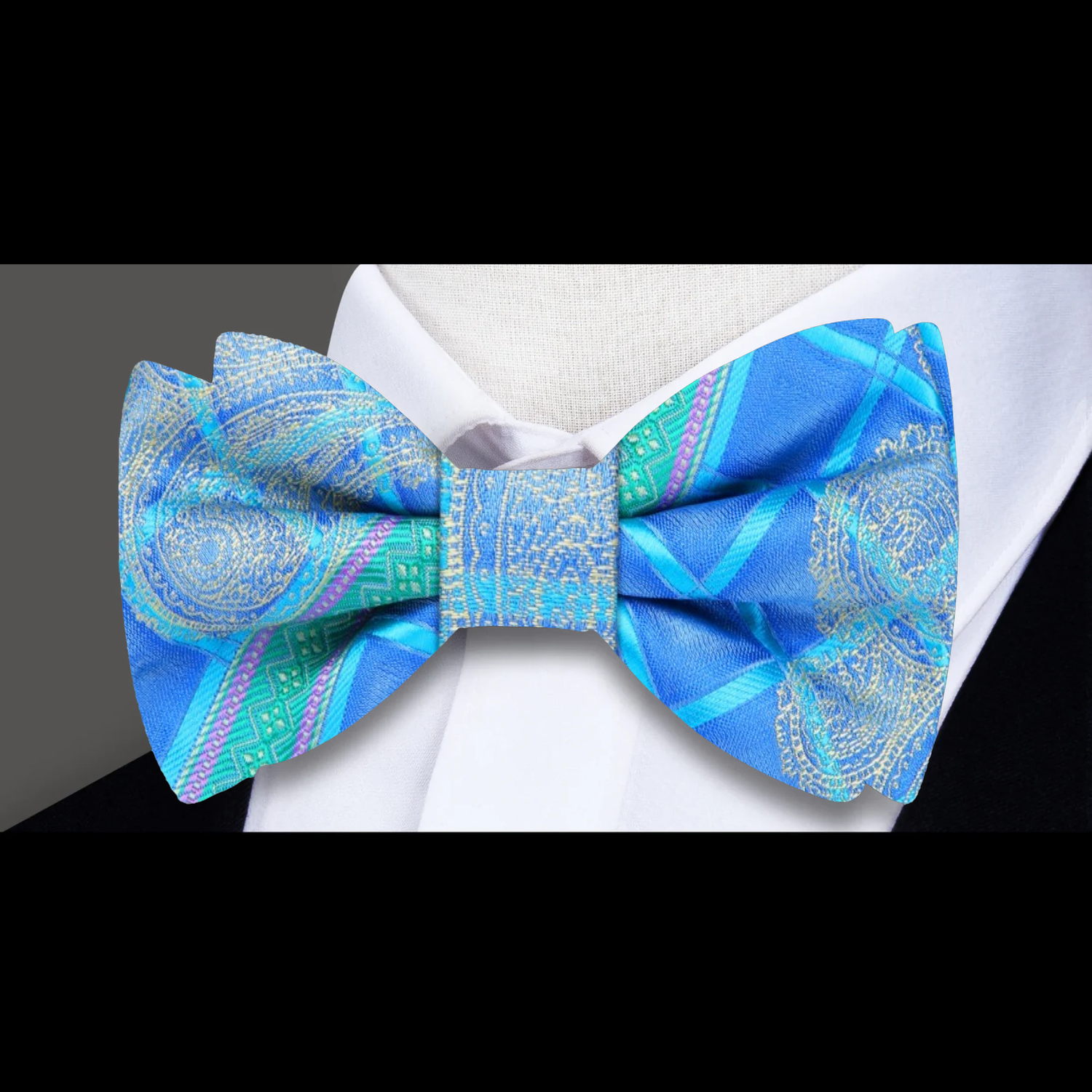 A Bold Olympic Blue, Aqua, Green Slate, Light Gold Abstract and Paisley Pattern Self Tie Bow Tie  