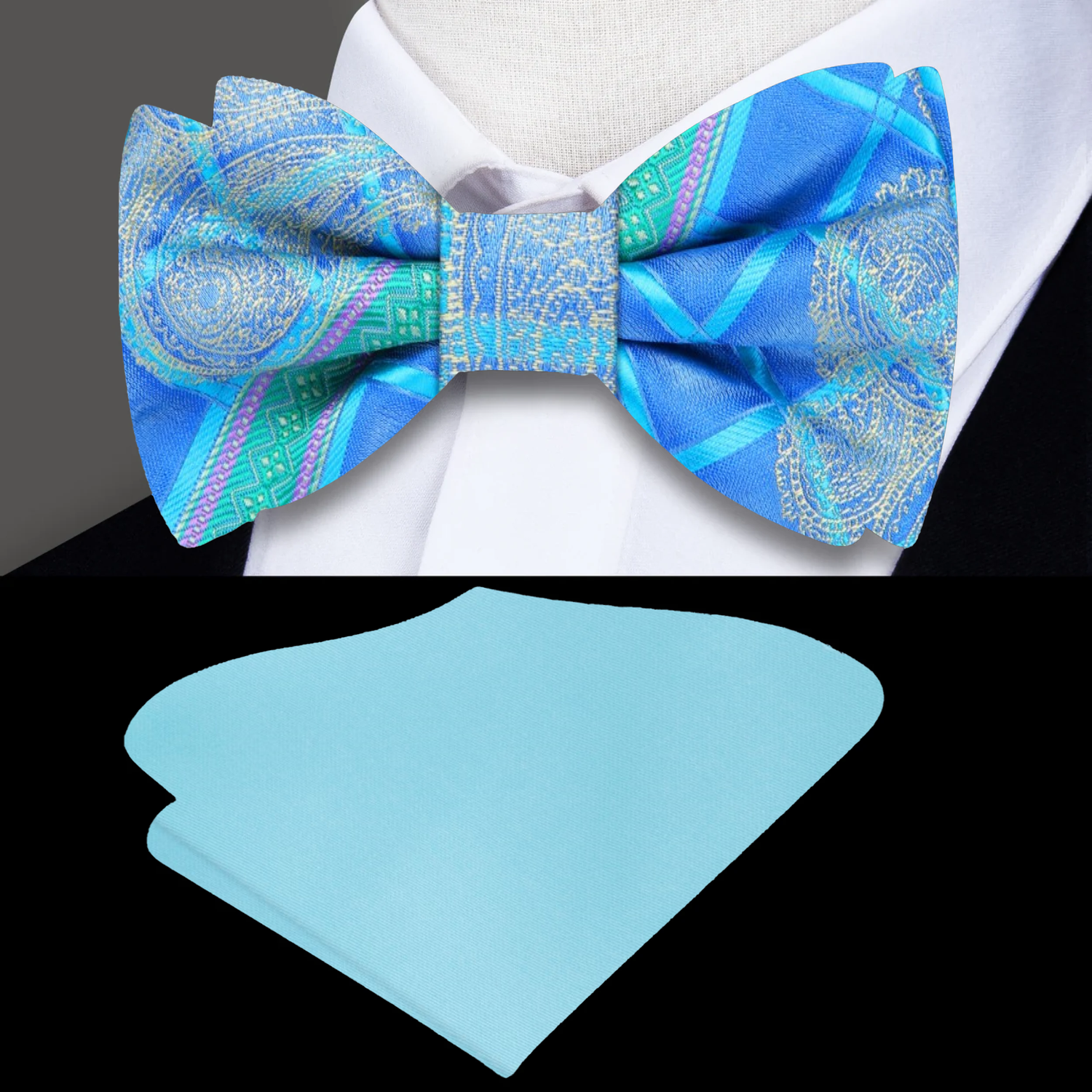 A Bold Olympic Blue, Aqua, Green Slate, Light Gold Abstract and Paisley Pattern Self Tie Bow Tie, Accenting Pocket Square