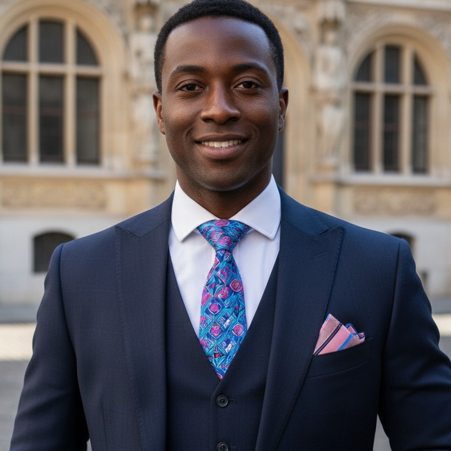 Man in a navy suit with a colorful tie standing in front of an architectural building.