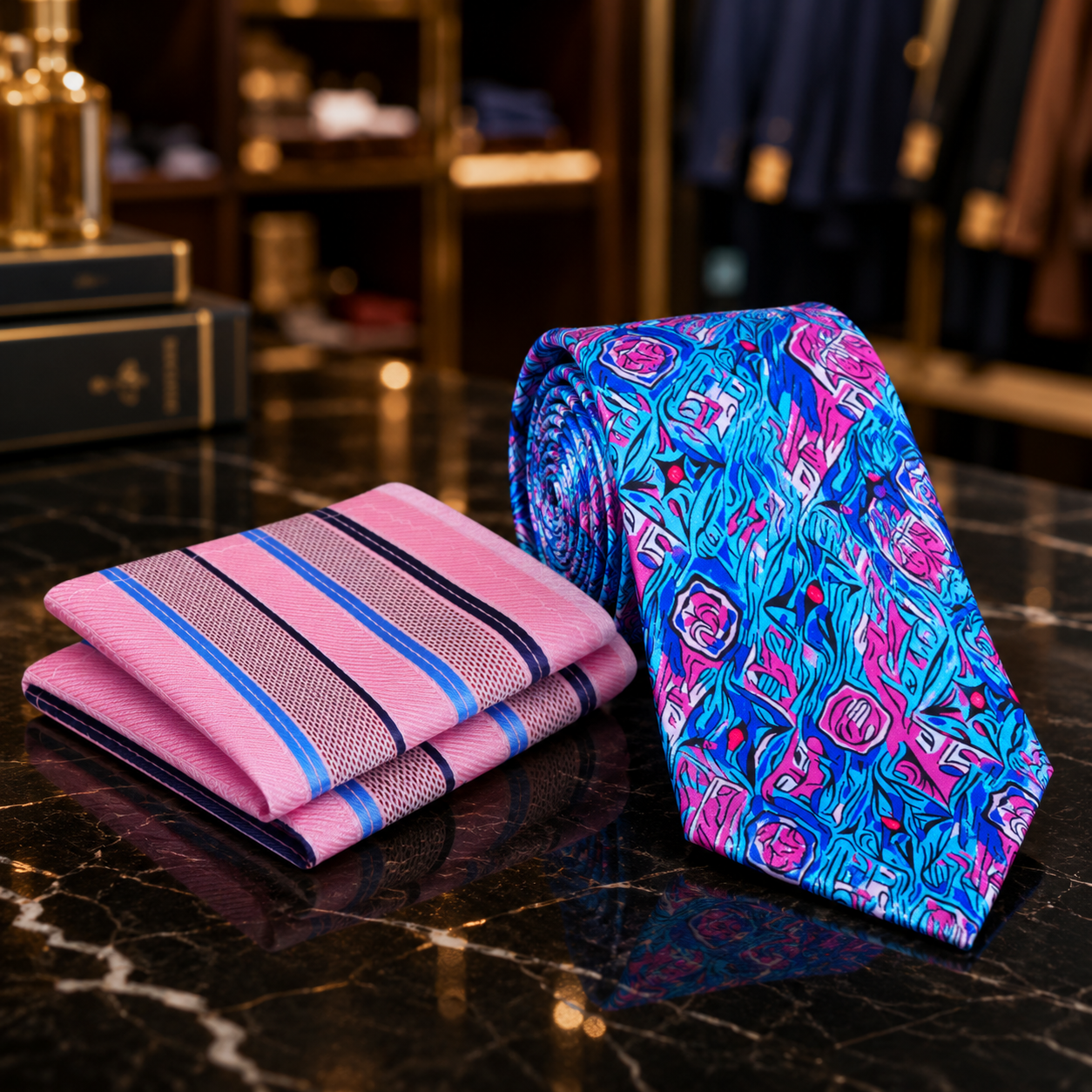 A men's necktie and matching pocket square set displayed on a dark marble surface in a luxury retail setting. The pocket square is folded in pink with blue and black stripes, while the necktie is rolled to show a vibrant blue, pink, and green floral pattern.