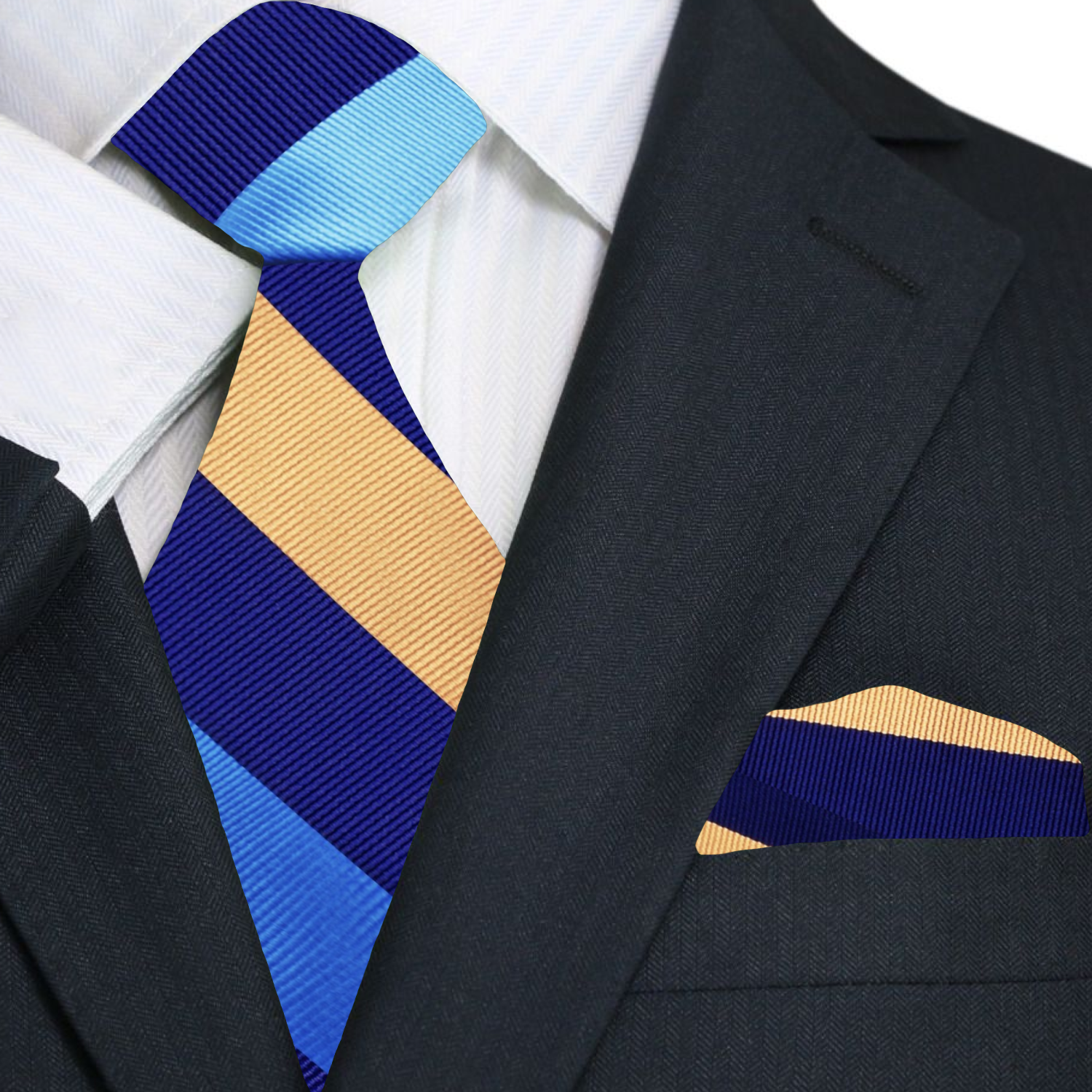 A Blue, Light Blue, Yellow Stripe Pattern  Necktie, Matching Pocket Square