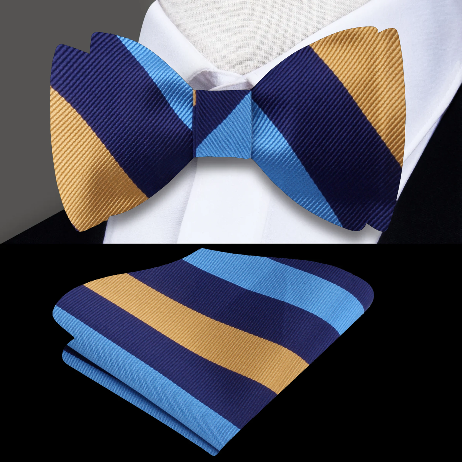 Blue Yellow Stripe Bow Tie and Square