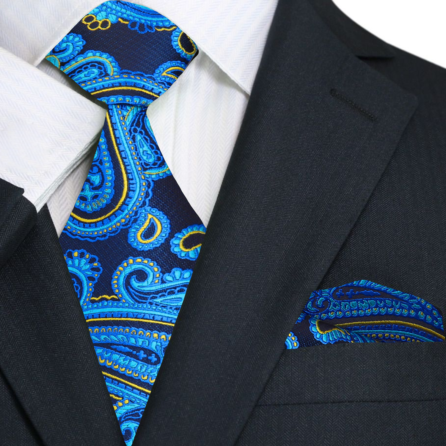 Blue paisley tie and pocket square set on a black suit jacket.