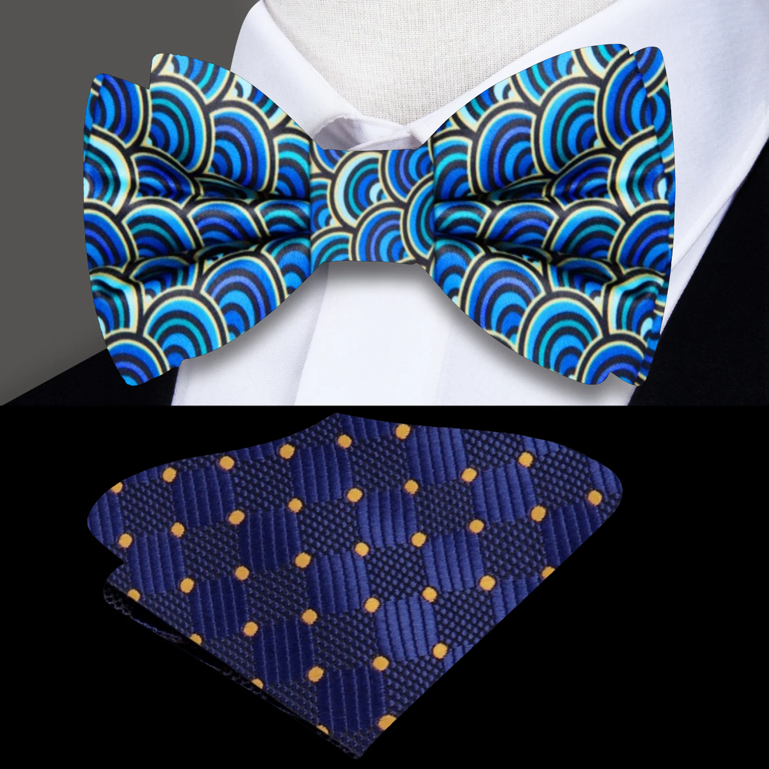 Blue, Light Blue, Green Rainbows Bow Tie and Accenting Square