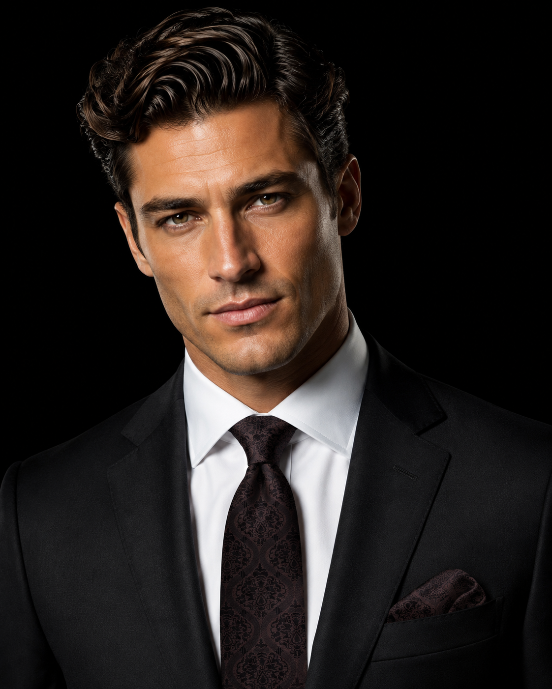 brown tie and square on man