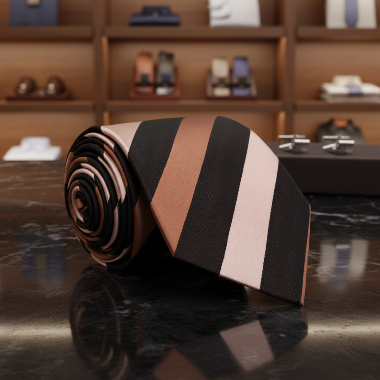 A striped necktie with alternating vertical bands of black, warm brown, and light beige, shown rolled on the left and laid flat on the right 