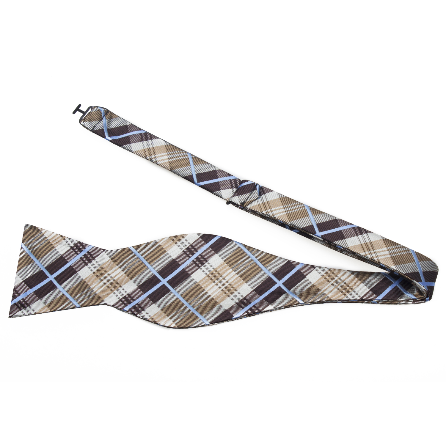 A Cream, Brown Plaid Pattern Silk Self Tie Bow Tie Self Tie