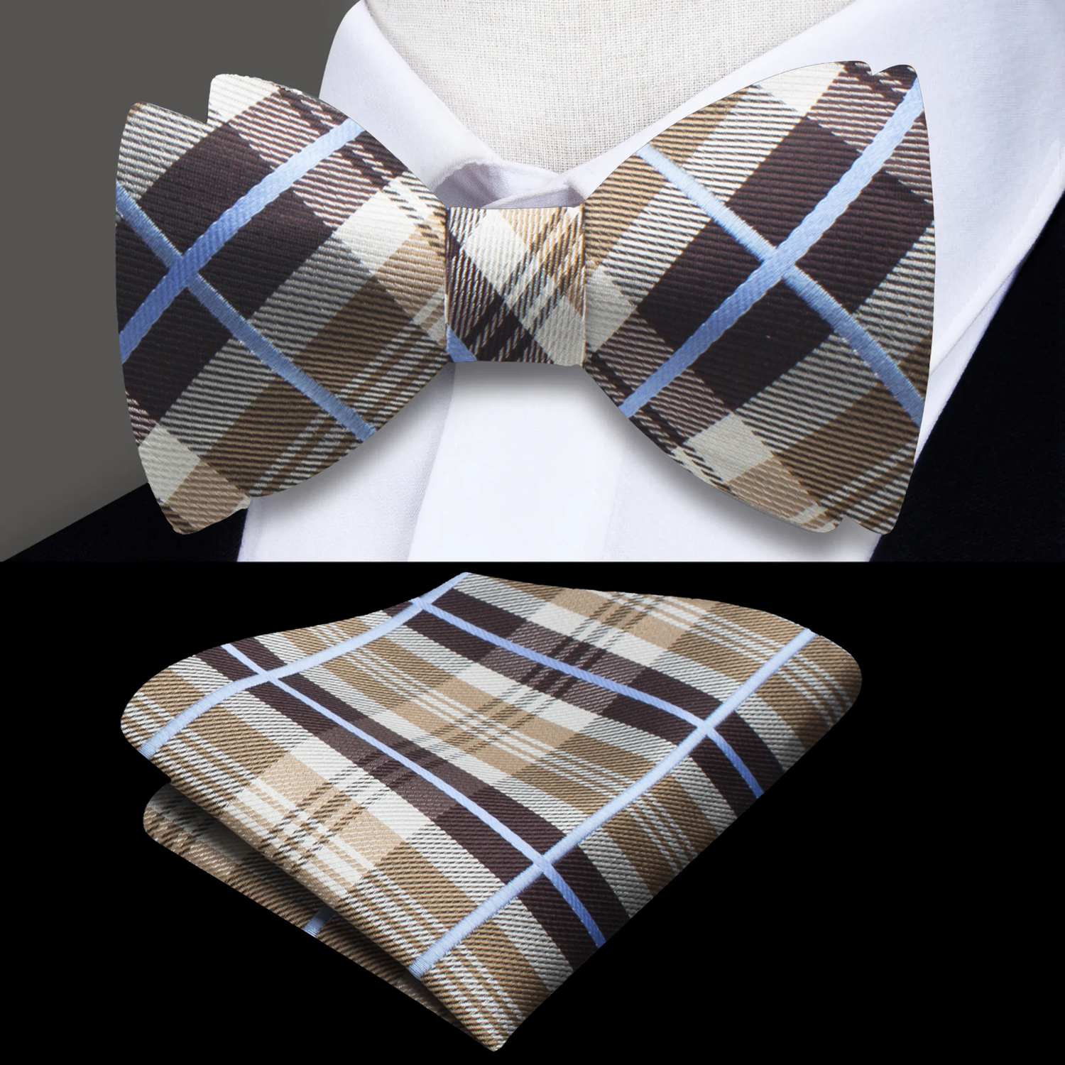 A Cream, Brown Plaid Pattern Silk Self Tie Bow Tie, Matching Pocket Square