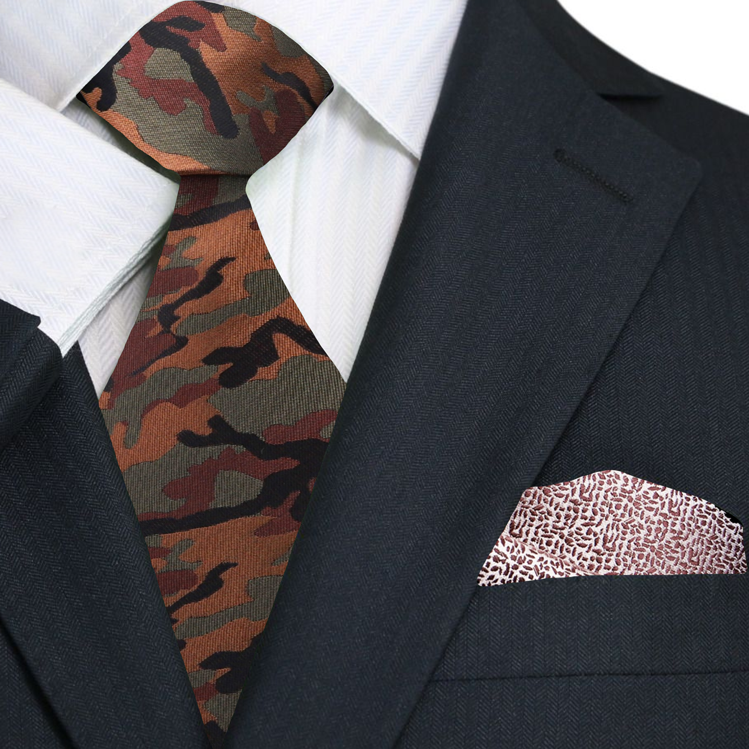 Brown, Olive and Black Camouflage Tie with Brown Abstract Square