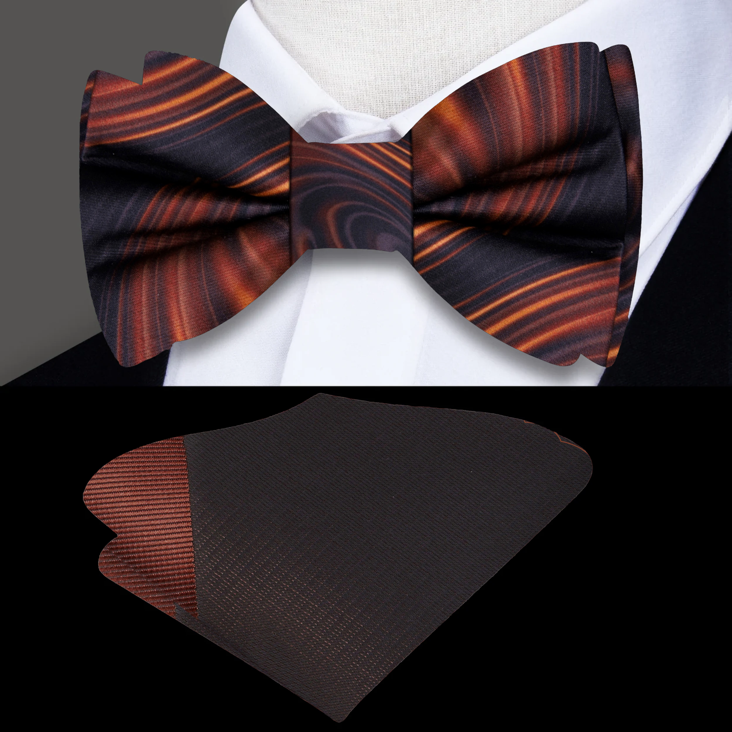A Rich Caramel Swirl Pattern Silk Bow Tie, Accenting Shades of Brown Pocket Square
