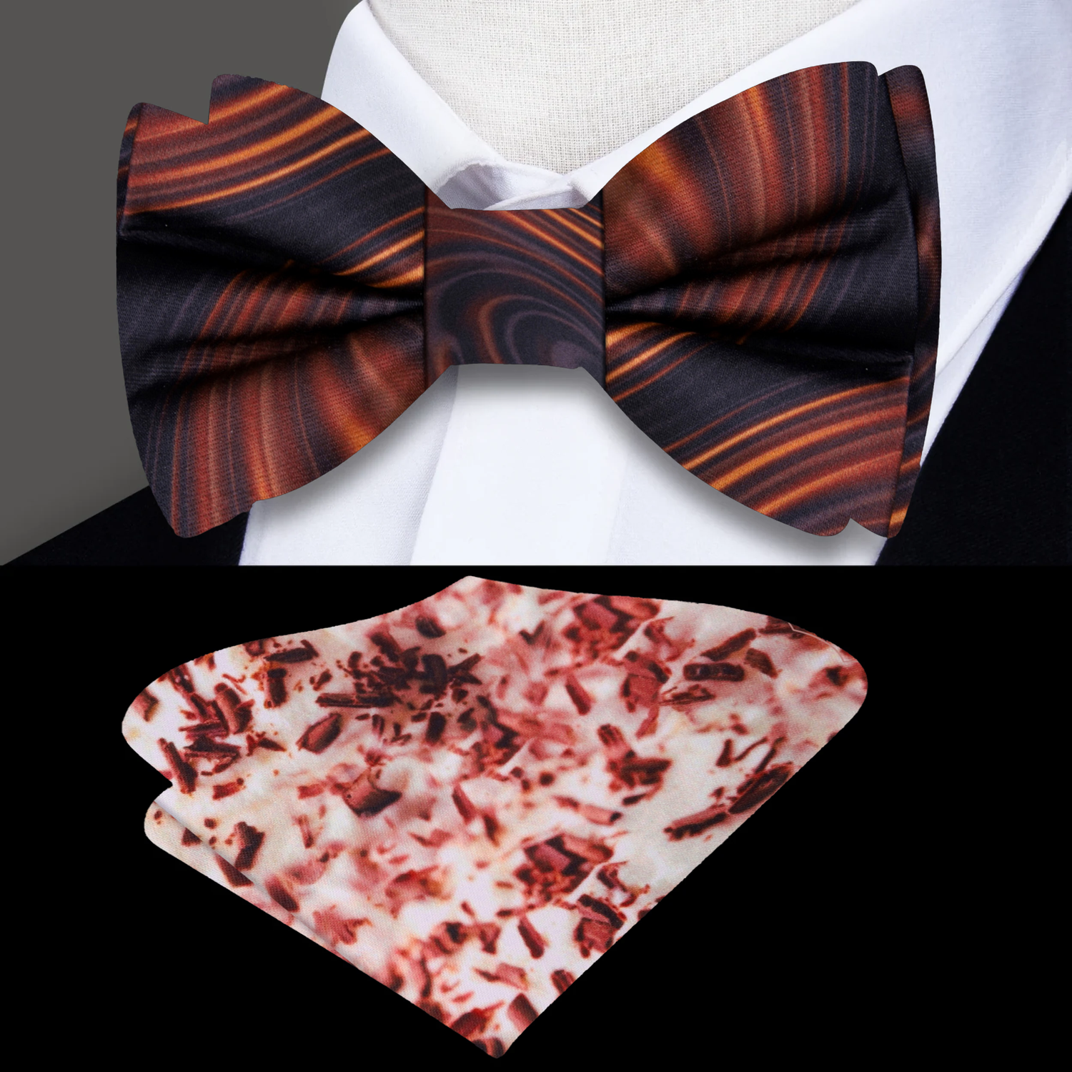 A Rich Caramel Swirl Pattern Silk Bow Tie and Chocolate Shaving Pocket Square