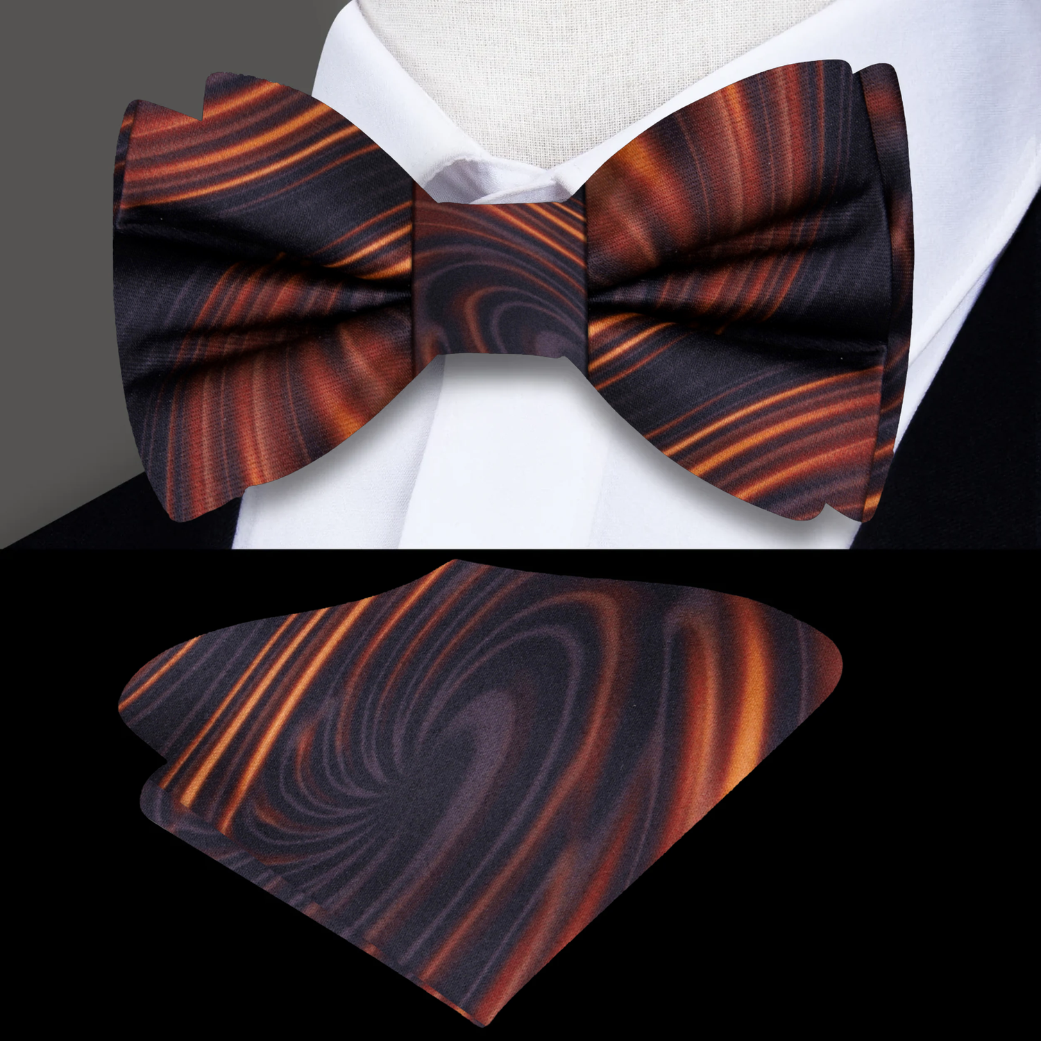 A Rich Caramel Swirl Pattern Silk Bow Tie, Pocket Square