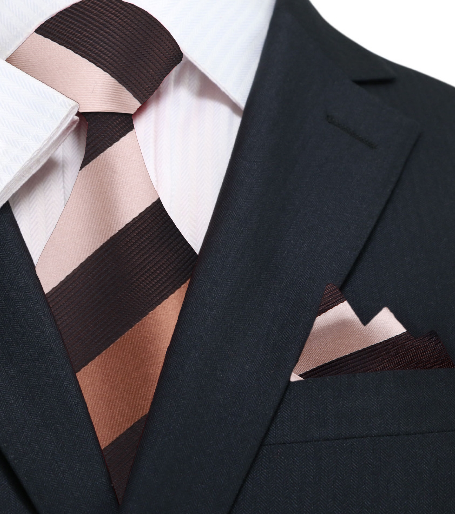 A Chocolate, Brown Stripe Pattern Silk Necktie, Pocket Square