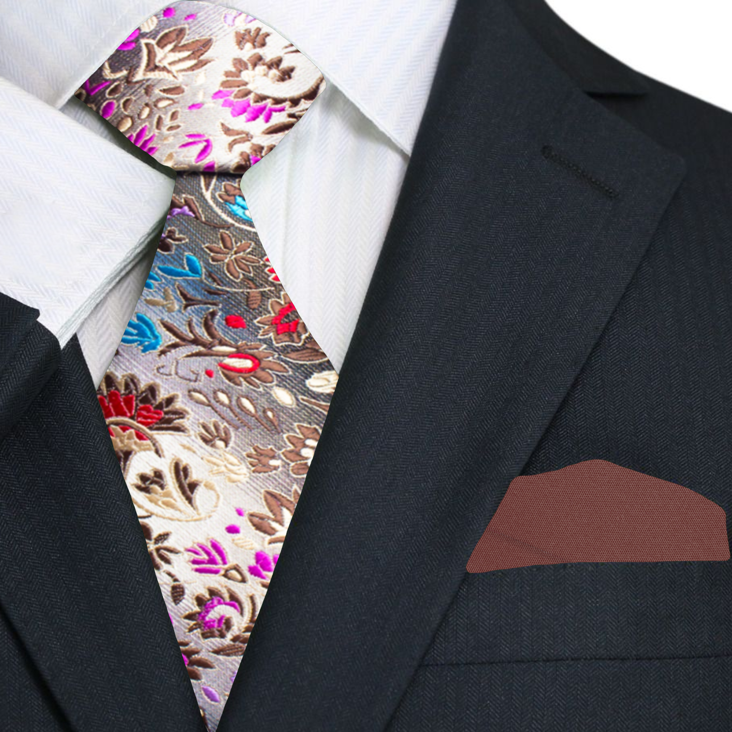 A Grey, Blue, Red Small Floral Pattern Necktie and Brown Square