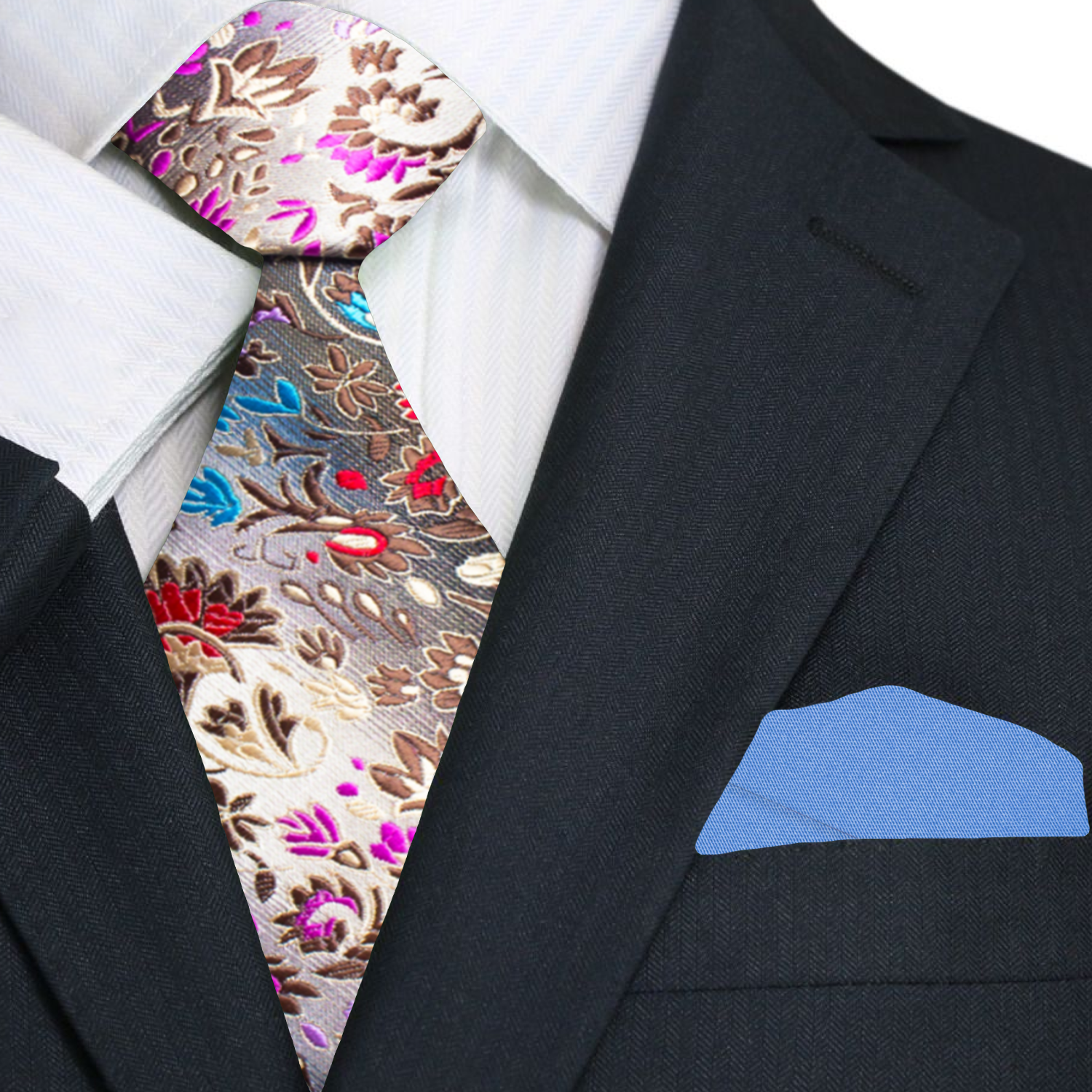 A Grey, Blue, Red Small Floral Pattern Necktie and Blue Square