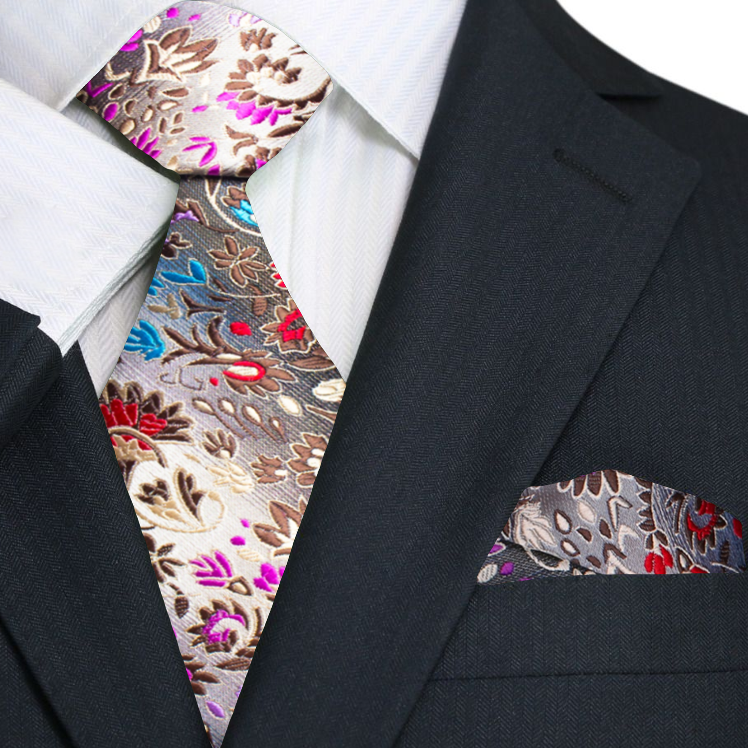 A Grey, Blue, Red Small Floral Pattern Necktie, Matching Pocket Square