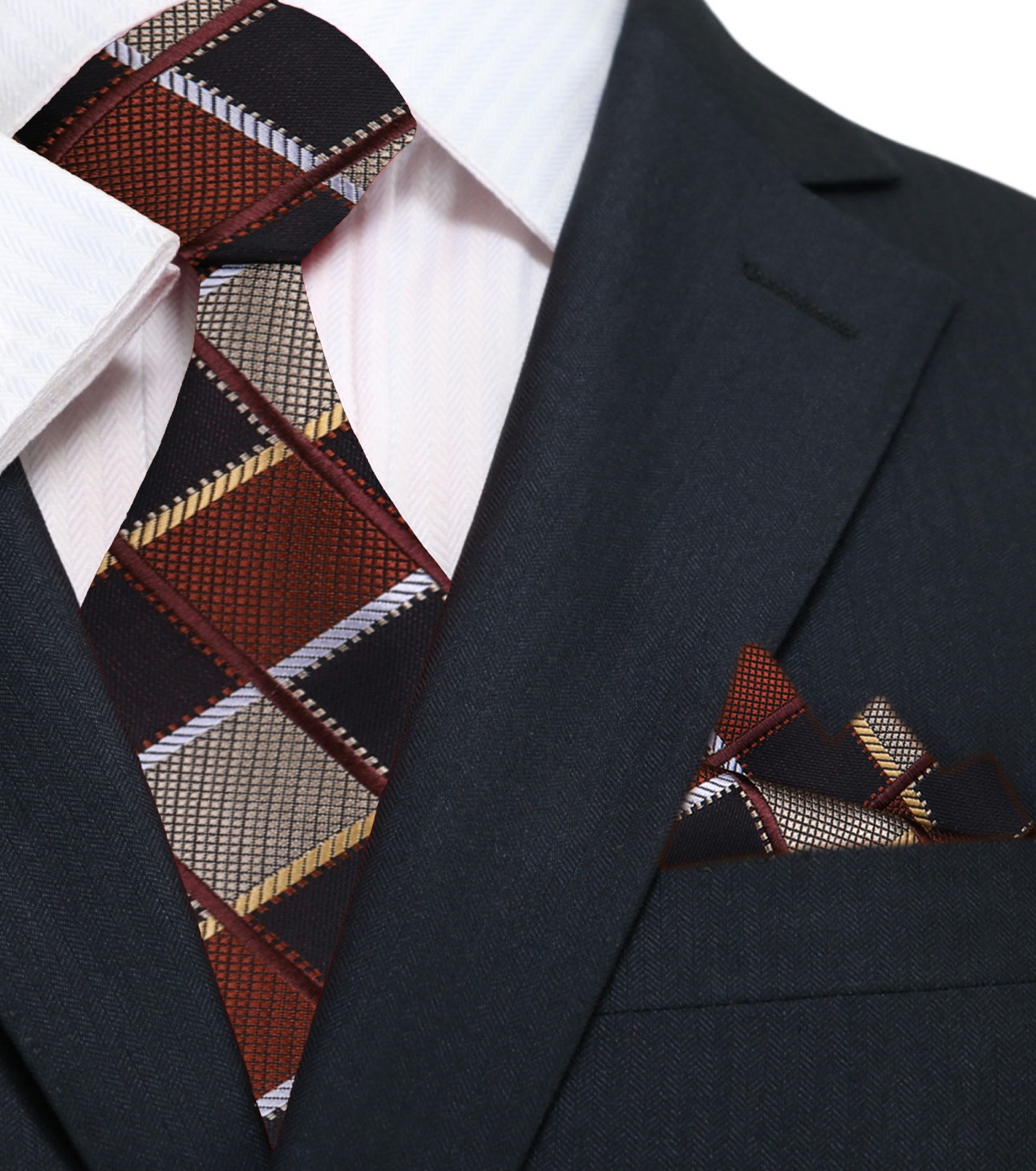 Main: A Brown, Light Brown Geometric Diamond Pattern Silk Necktie, Matching Pocket Square
