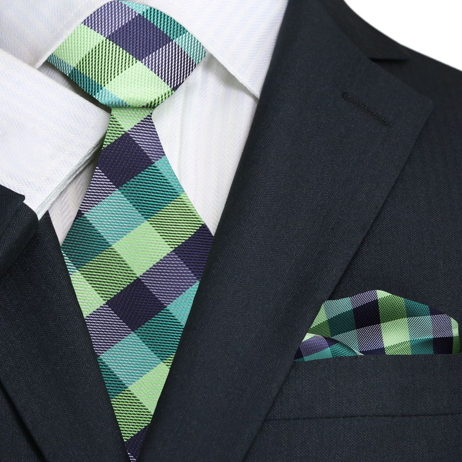 A Green, Dark Green, Blue Geometric Check Pattern Necktie, Matching Pocket Square