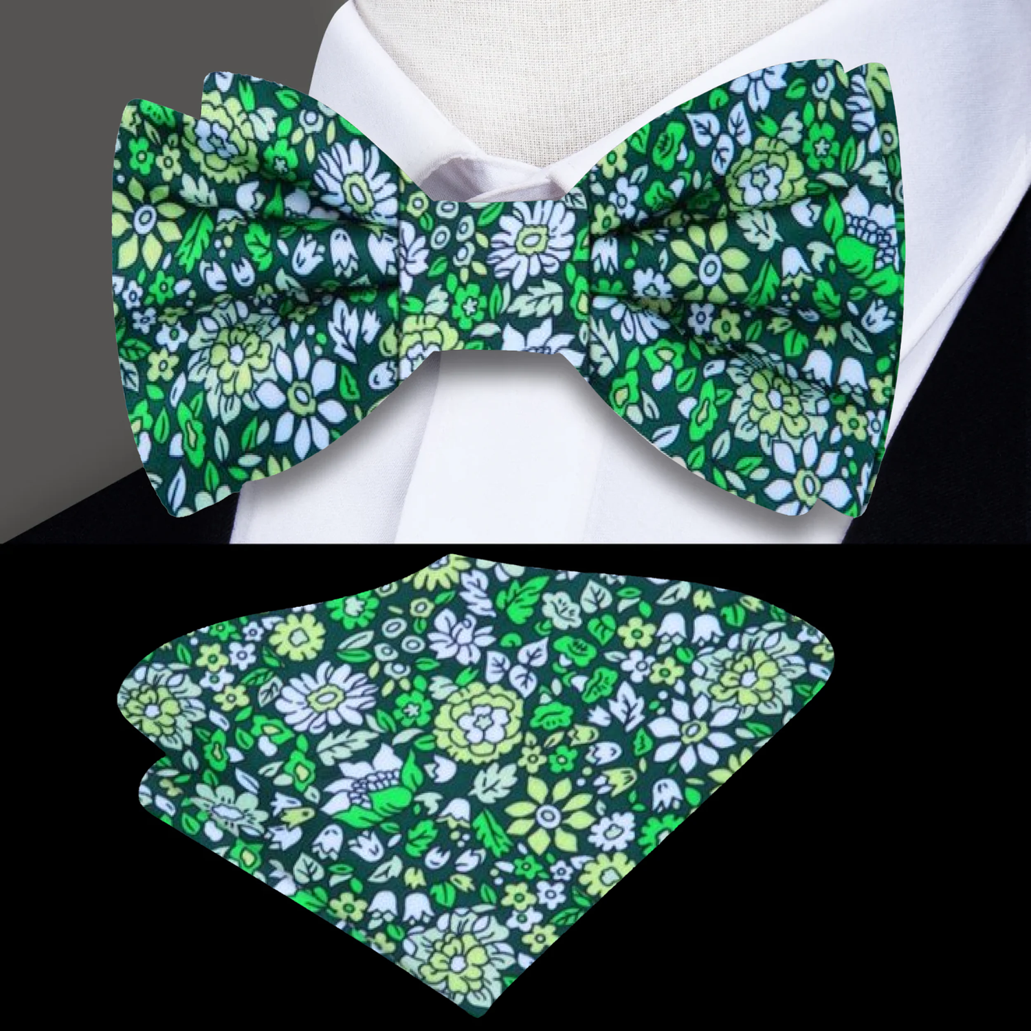 Shades of Green Intricate Floral Bow Tie and Square||Dark Green, Light Green