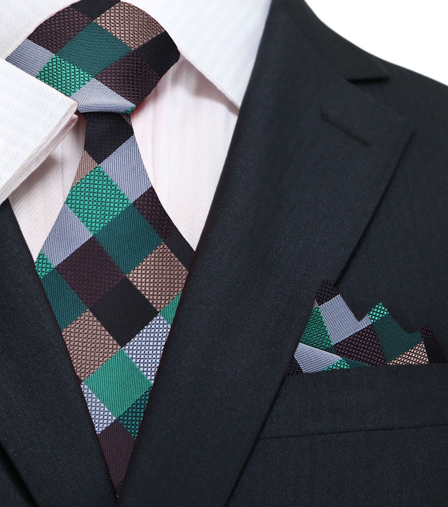 Black, Green, Brown, Grey Check Tie and Pocket Square