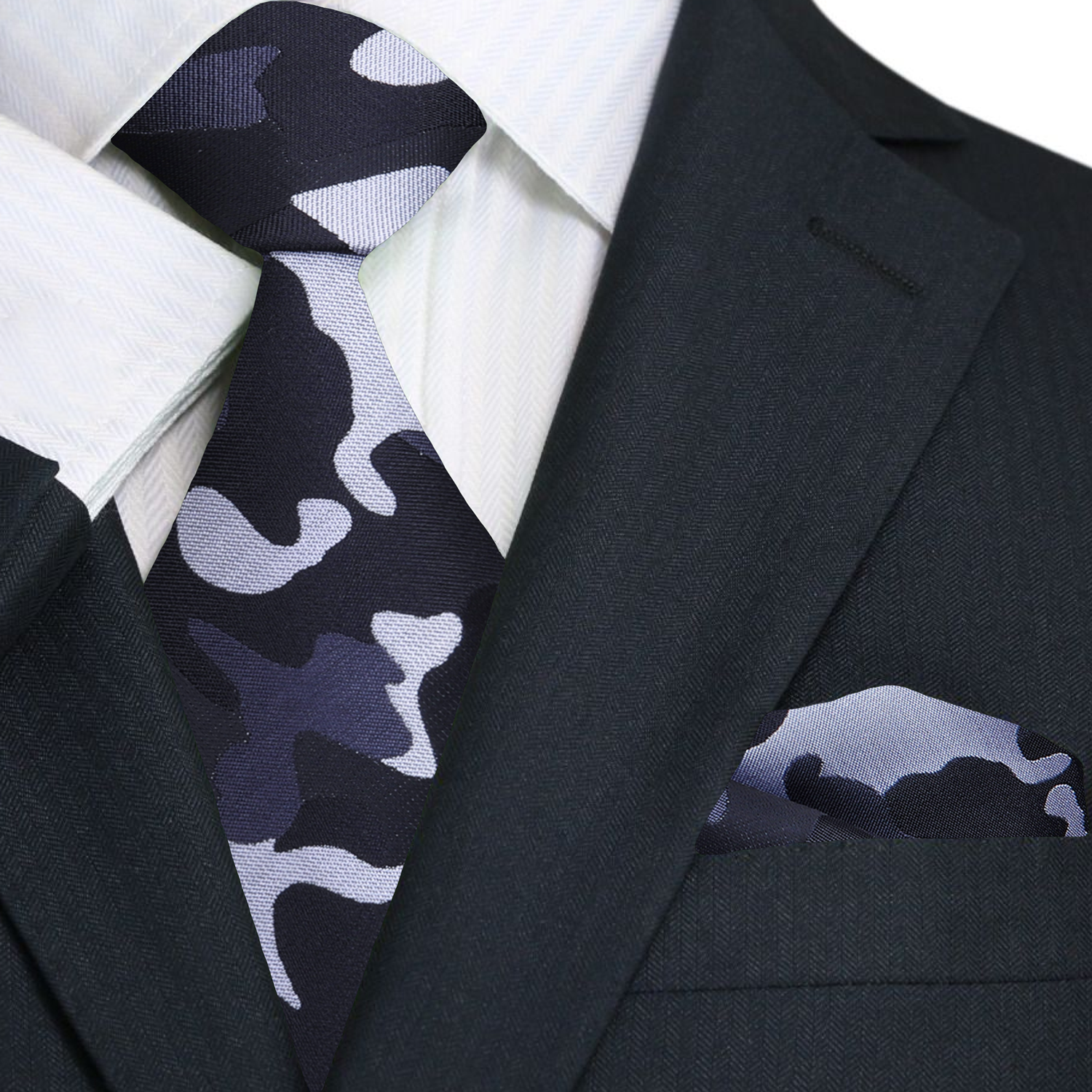 Premium A Grey, Dark Grey, Black Color Camouflage Fleck Pattern Necktie, Matching Pocket Square 