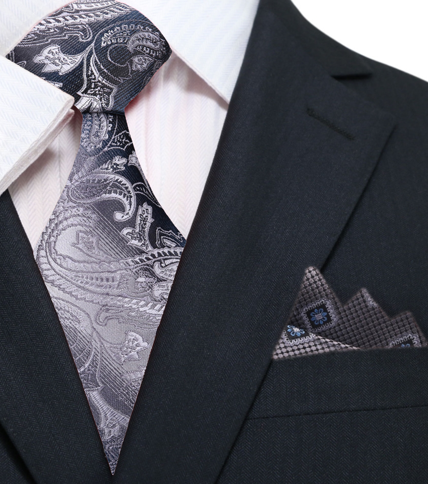 Grey and Silver Paisley Necktie and Accenting Grey Pocket Square