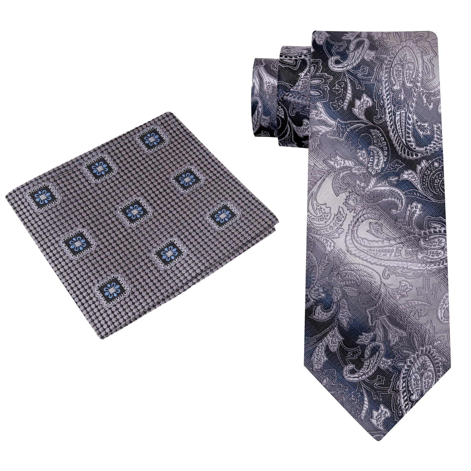 Grey and Silver Paisley Necktie and Accenting Grey Pocket Square View 2