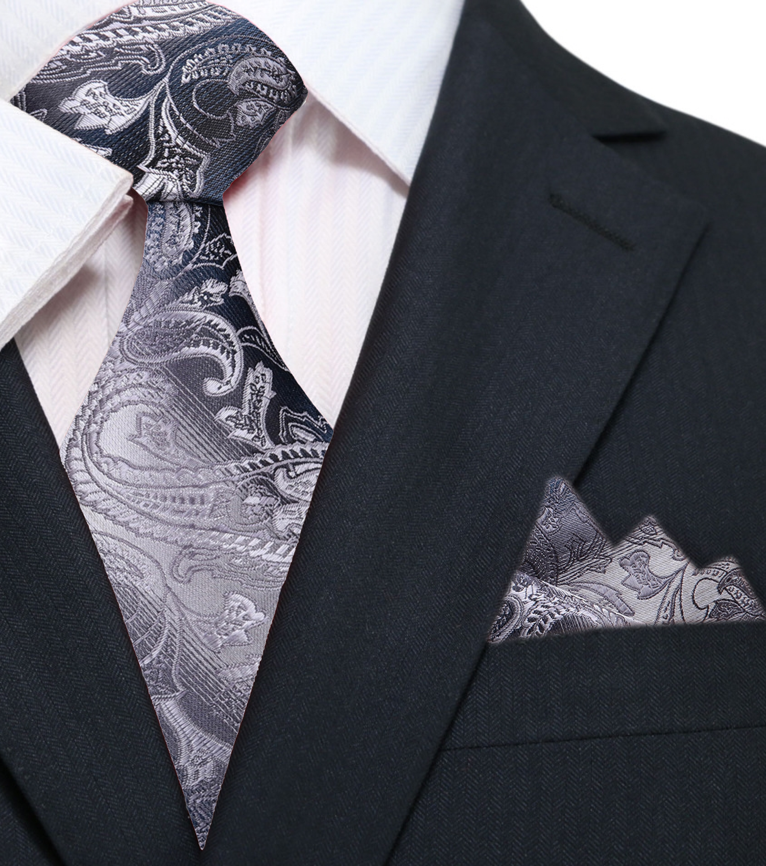 Main View: A Steel Grey, Light Grey Paisley Pattern Silk Necktie, Matching Pocket Square