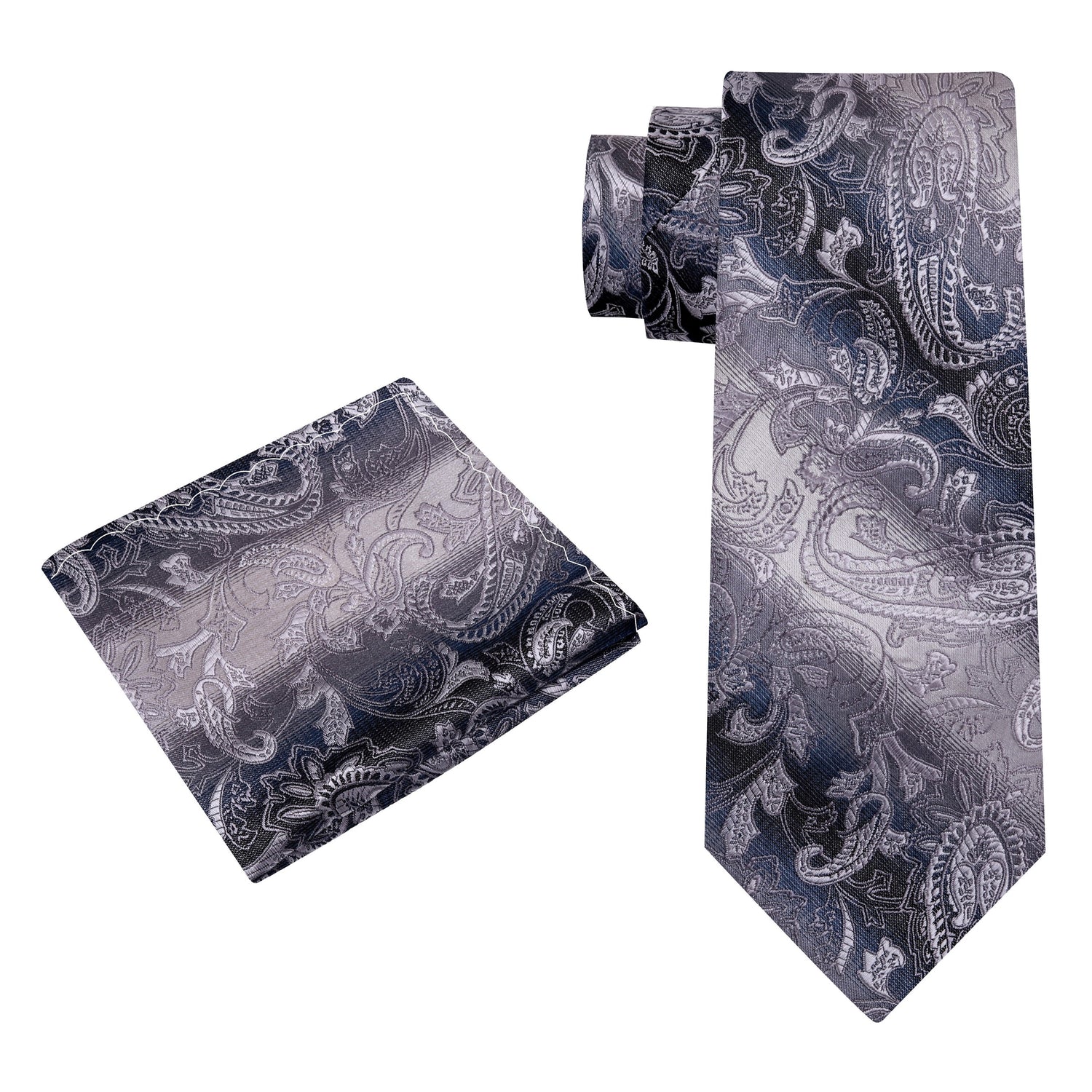 View 2: Grey and Silver Paisley Necktie and  Pocket Square