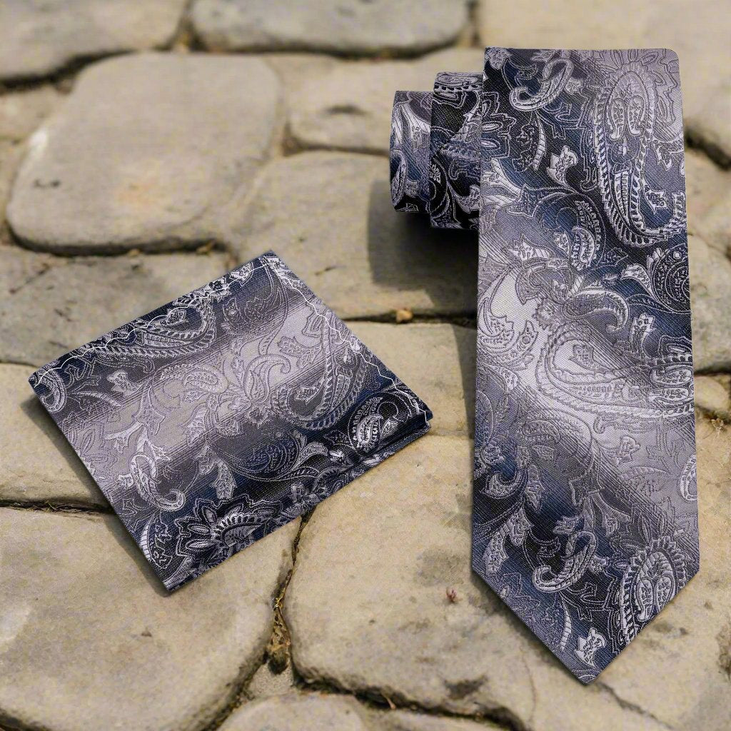 View 2: Grey and Silver Paisley Necktie and  Pocket Square